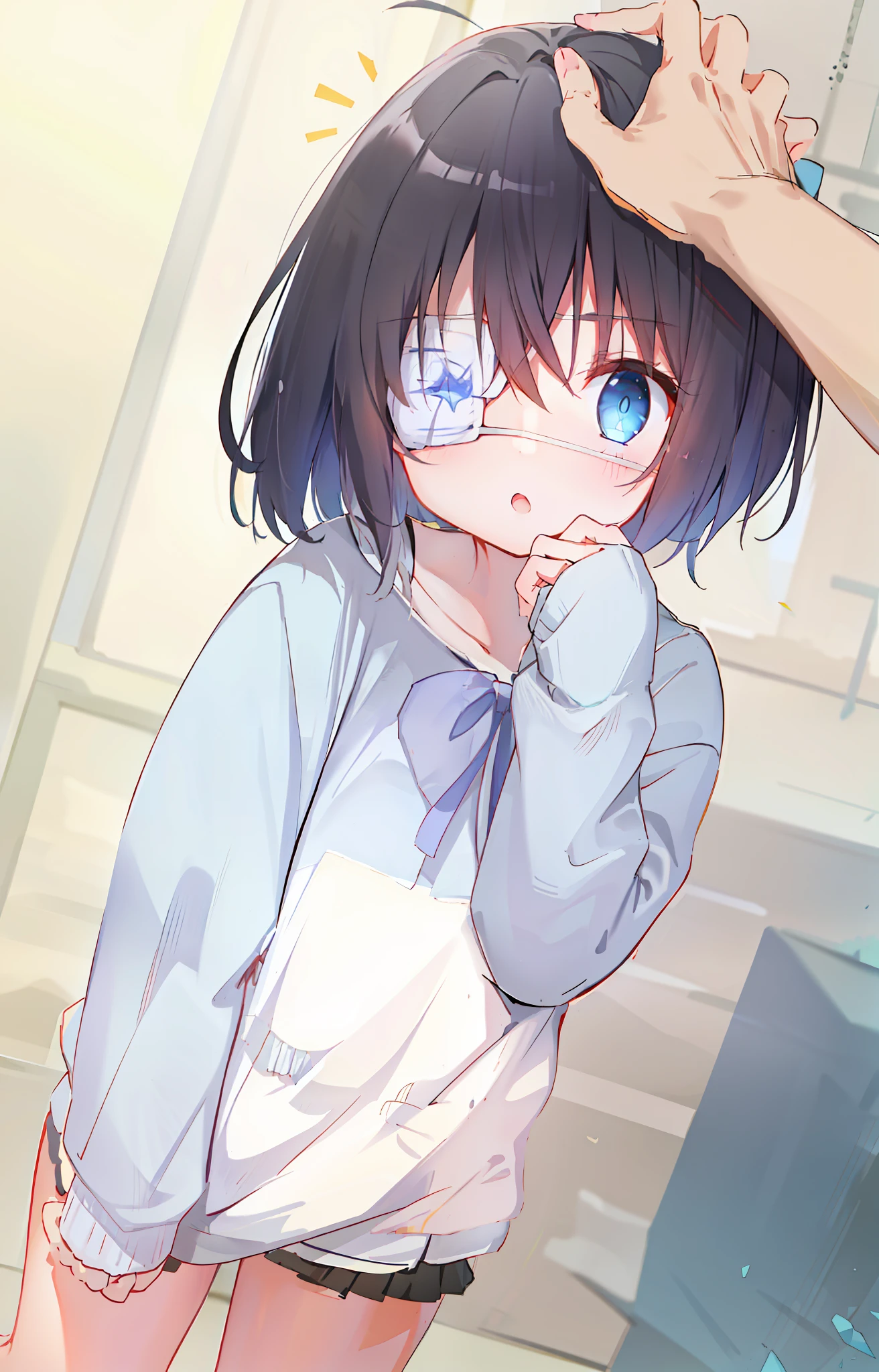 high res, masterpiece,Rikka Takanashi, black hair, solo, 1girl,outside,deatailed background, detailed eyes, ((blue eyes)), eyepatch