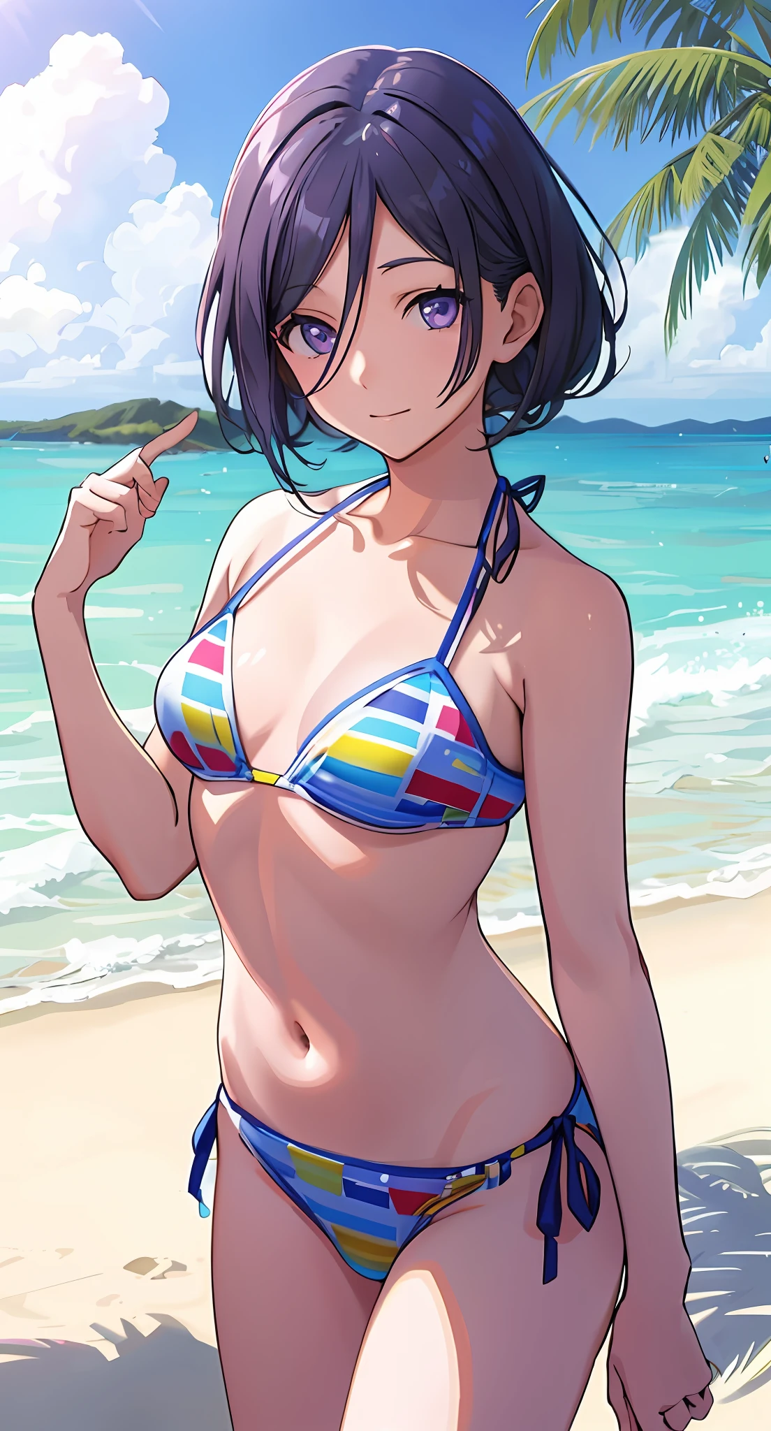 a woman in a bikini standing on a beach next to the ocean, swimsuit, at a beach, (((purple eyes))), mayuri shiina, realistic bikini, by Yamagata Hiro, anime moe artstyle, at the beach, illya kuvshinov, in the beach, ilya kuvshinov. 4 k, fubuki, by Kose Kanaoka