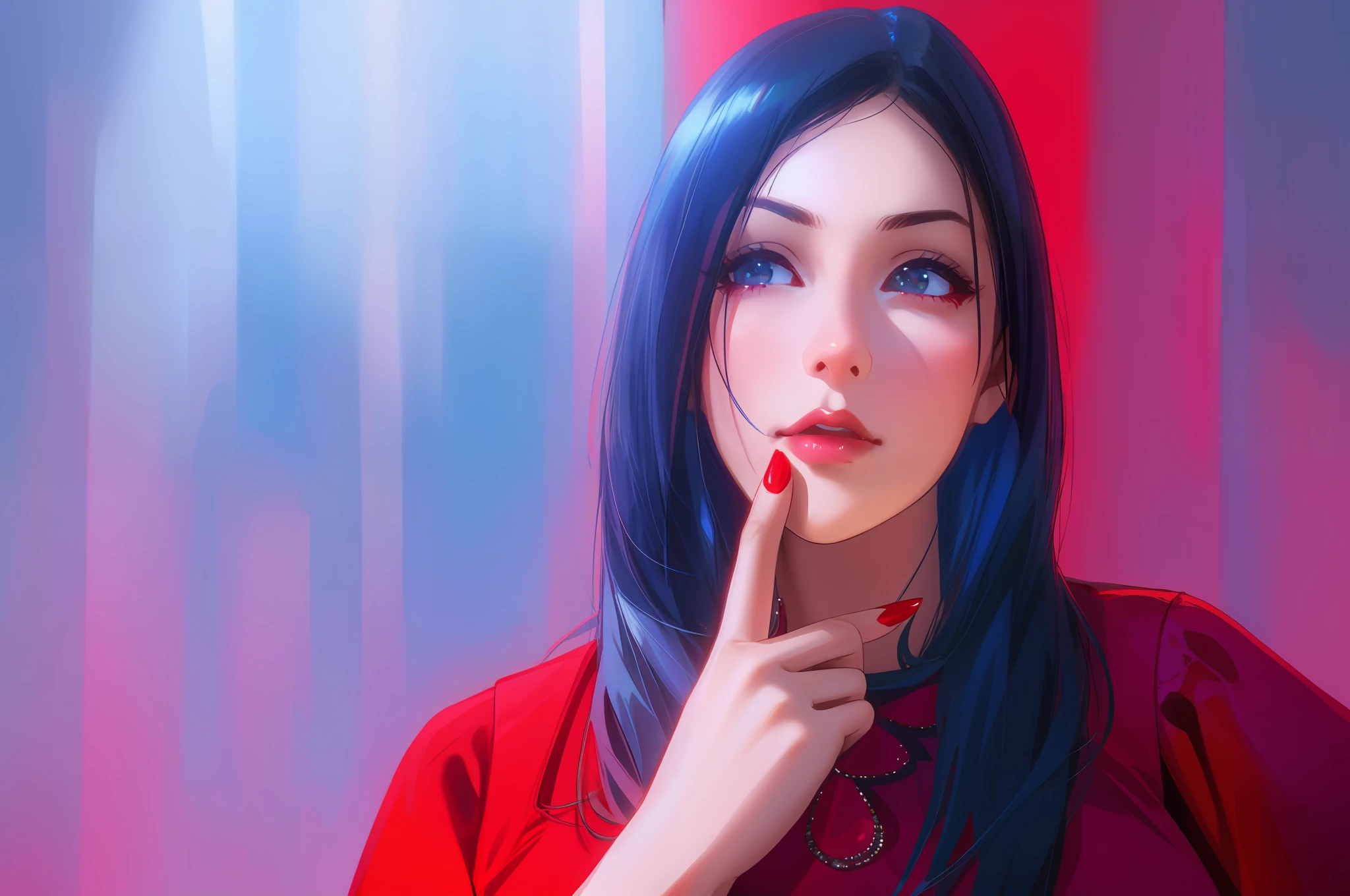 There's a woman in a red dress holding her finger to her lips, hand to chin, woman's face looking out of camera, looking up, featured, hovering indecision, pondering, thoughtful expression, hand on cheek, thoughtful, thin pointed chin, pointed chin, iStock, focus on pursed lips, thinking pose, profile picture, slick, thoughtful chin), looking confused