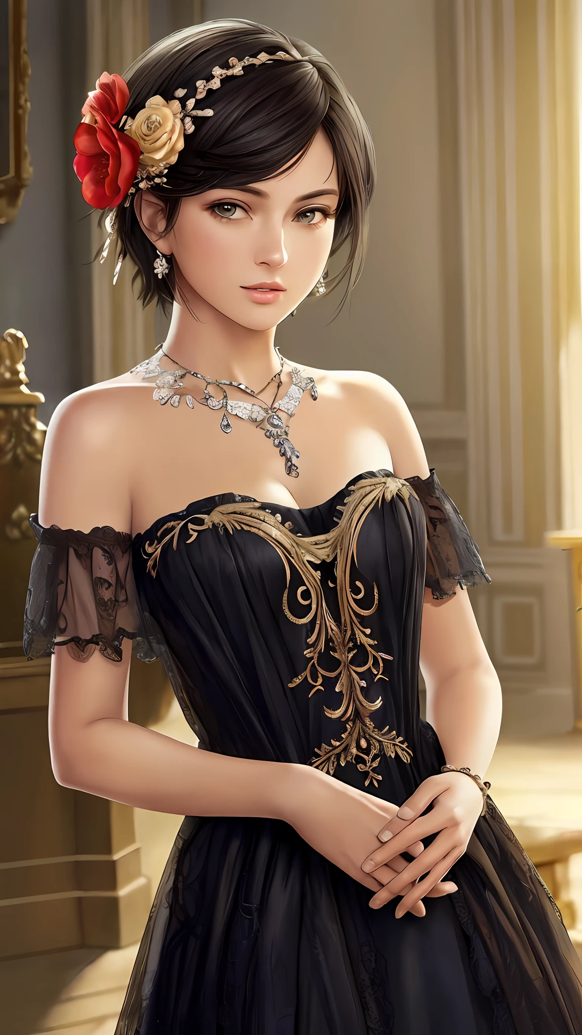 (masterpiece, top quality, best quality, official art, beautiful and aesthetic:1.3)(RAW photo, best quality), (realistic, photo-realistic:1.3), masterpiece, hyper detail, intricate details, CG, unity, 2k wallpaper, Amazing, dramatic light, Phoenix dress, 1girl, dress, lace trim, solo, flower, detail bright eyes, jewelry, hair ornament, necklace, bare shoulders, black short hair,