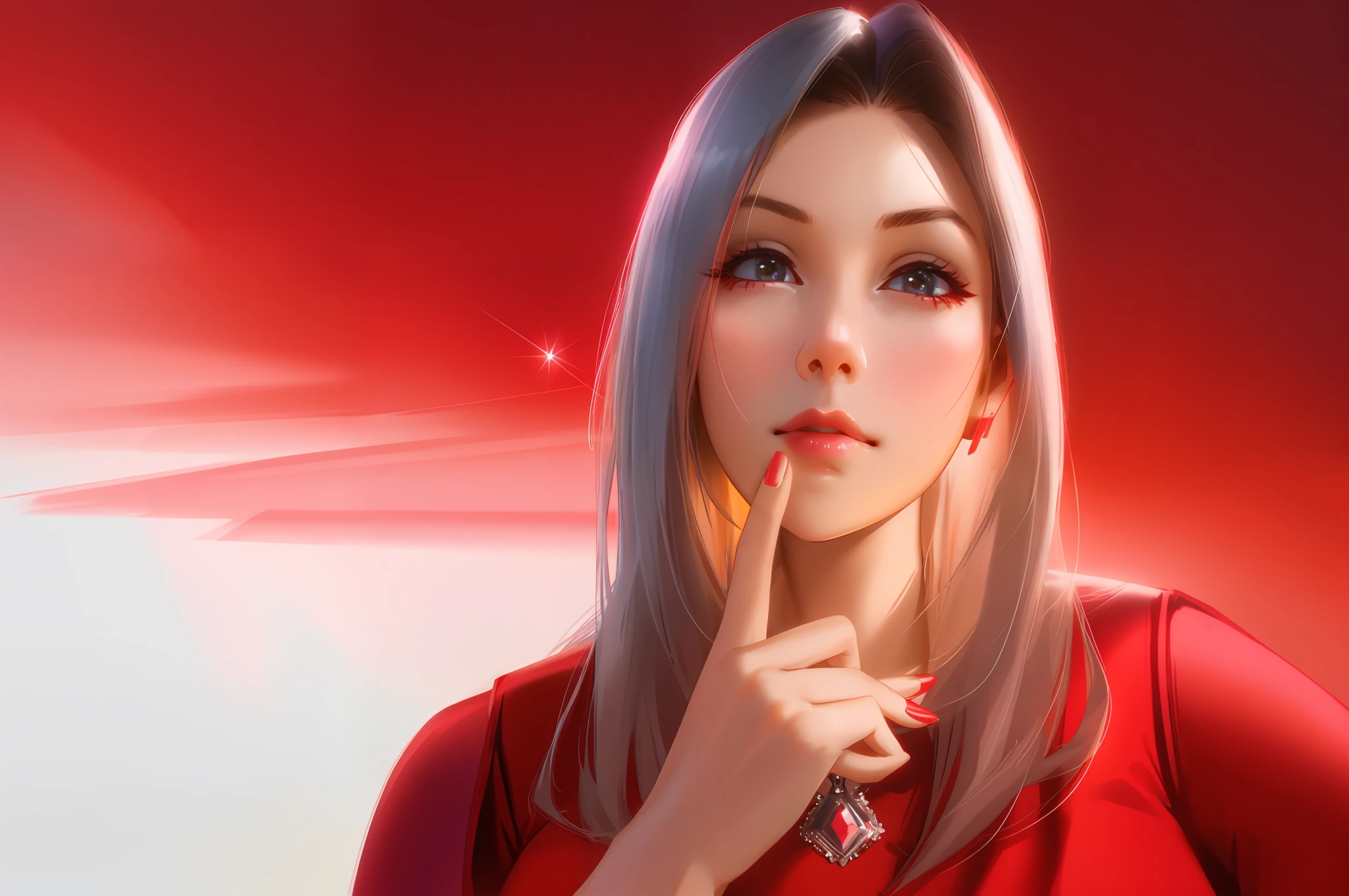 There's a woman in a red dress holding her finger to her lips, hand to chin, woman's face looking out of camera, looking up, featured, hovering indecision, pondering, thoughtful expression, hand on cheek, thoughtful, thin pointed chin, pointed chin, iStock, focus on pursed lips, thinking pose, profile picture, slick, thoughtful chin), looking confused