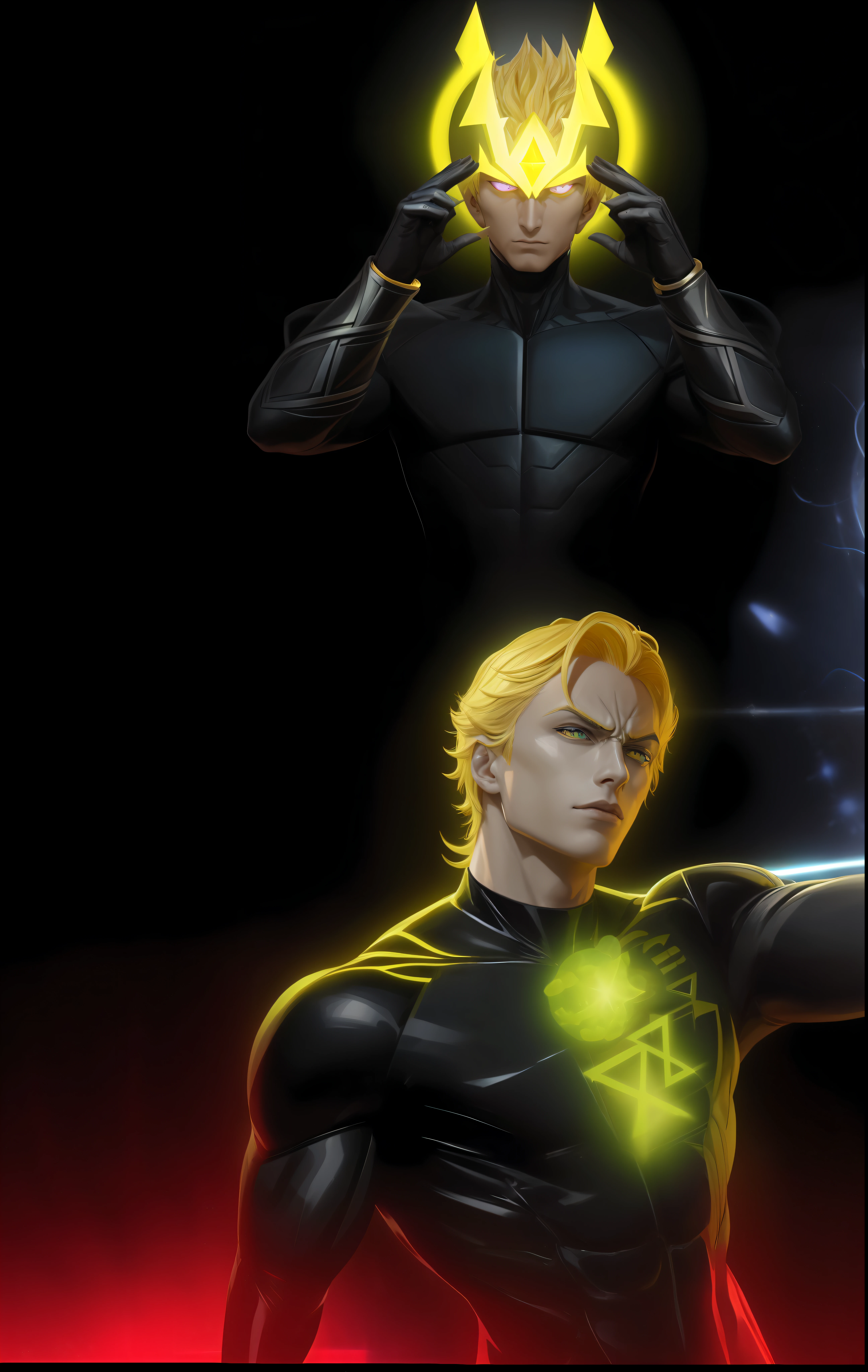 arafed man in a black suit holding a yellow and blue frisbee, adam warlock, dio brando, genos, background artwork, xqc, asgardian, key art, an epic anime of a energy man, johan liebert, hero pose colorful city lighting, human torch, full resolution, → ⃣ spectrum darkness prime, amazing wallpaper, more details --auto --s2