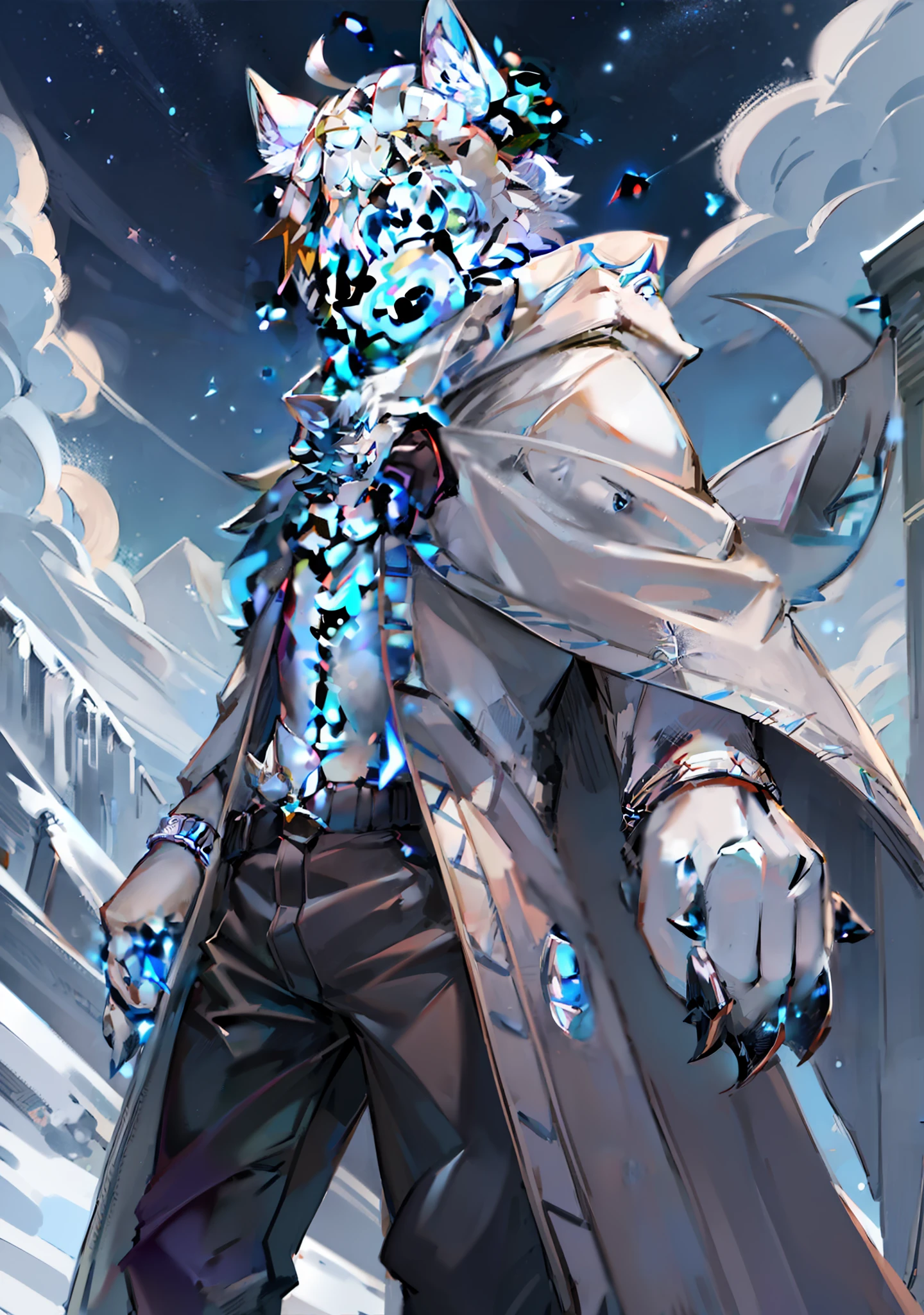 wolf ears, wolf tail, furry, furry male, sky, sao, sky blue eyes and light blue eyes, heterodypupil, star-shaped pupils, white hair, light gray hair tips, pose, dark gray sweatshirt, big fluffy tail, vent, humanity, wolf type, blue scarf, short hair, lower body, white fur everywhere, male youth, angular, long horns on forehead, tail, snow mountain, meat claw, meat pad, black pants, black horn, no shoes, cape, white cape, men's clothing, open mouth, Two legs, two hands, Tyndall effect, ray tracing, looking at the audience, apathy, facial expressions, night, ice, ice elements, manipulating ice
