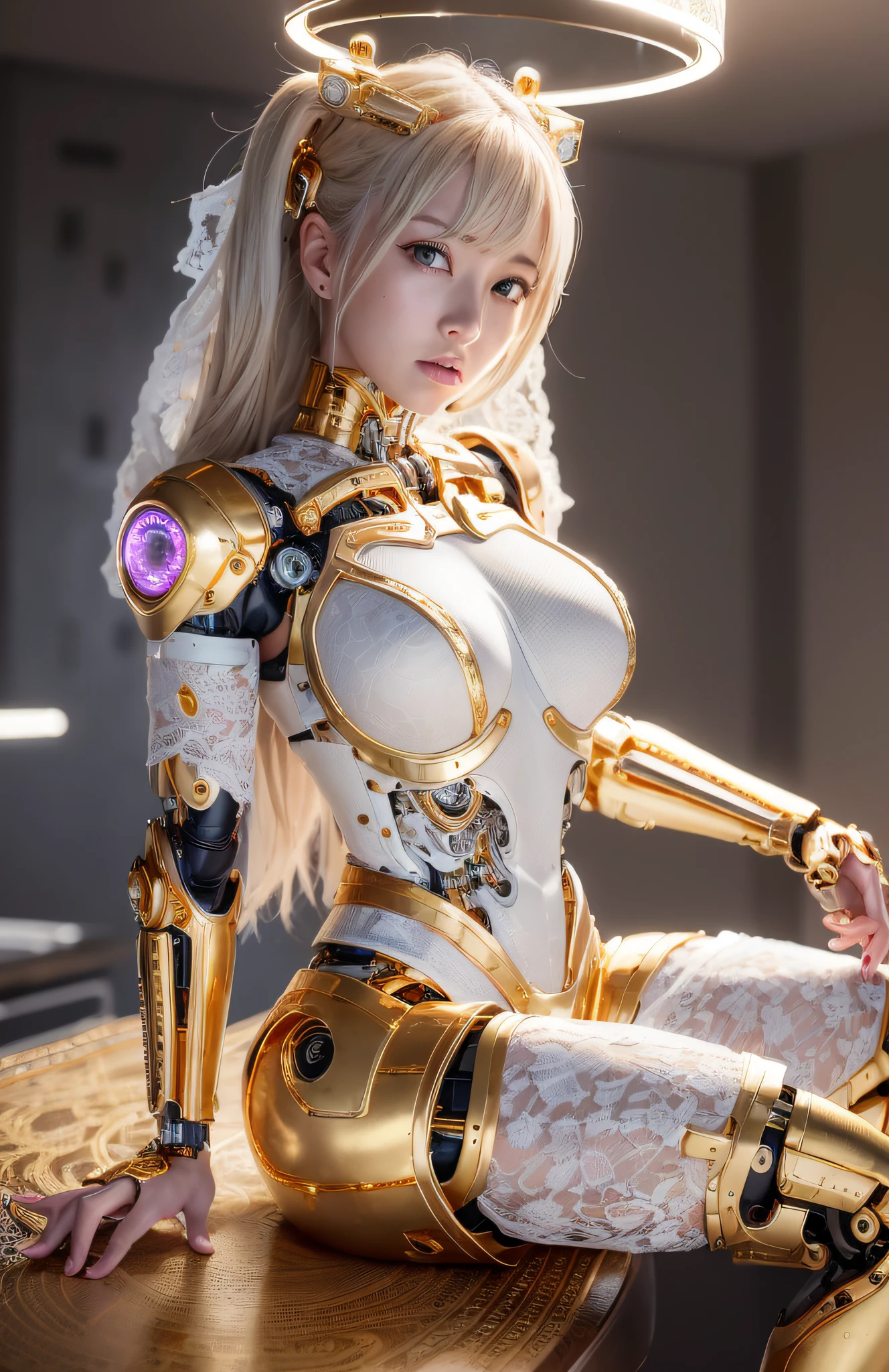 photorealistic, a woman in a white (lace, gold cyborg suit:1.55) (sitting on top of a table:1.4) (turned towards the viewer:1.2), (open legs:1.4), gold long hair, cyborg, robotic parts, beautiful detailed body and face, (looking left side:1.3), gigantic cleavage breasts, sakimichan hdri, amouranth, a beautiful detailed orixa, 2049, chiaki nanami, afro futuristic, made in maya, sam yang, 2070, cyborg, robotic parts, 150 mm, beautiful studio soft light, rim light, vibrant details, luxurious cyberpunk, lace, hyperrealistic, anatomical, facial muscles, cable electric wires, microchip, elegant, beautiful background, octane render, 8k, best quality, masterpiece, illustration, an extremely delicate and beautiful, extremely detailed ,CG ,unity ,wallpaper, (realistic, photo-realistic:1.37), Amazing, finely detail, masterpiece, best quality, official art, extremely detailed CG unity 8k wallpaper, absurdres, incredibly absurdres, robot, Violet halmet, full body, sitting, (sfw:1.5),