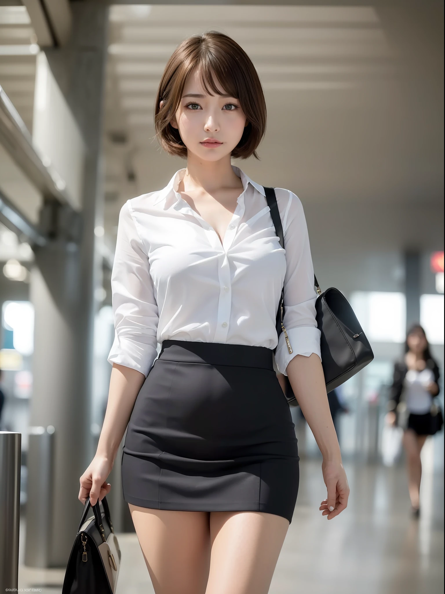 ((Best quality, 8k, Masterpiece: 1.3, raw photo)), Sharp focus: 1.2, (1 AESPA girl: 1.1), (realistic, photo-realistic:1.37), face focus, cute face, small breasts, flat chest, brunette short messy hair, walking, business suit skirt, white shirt, train terminal, air port, sunlight, cinematic lighting