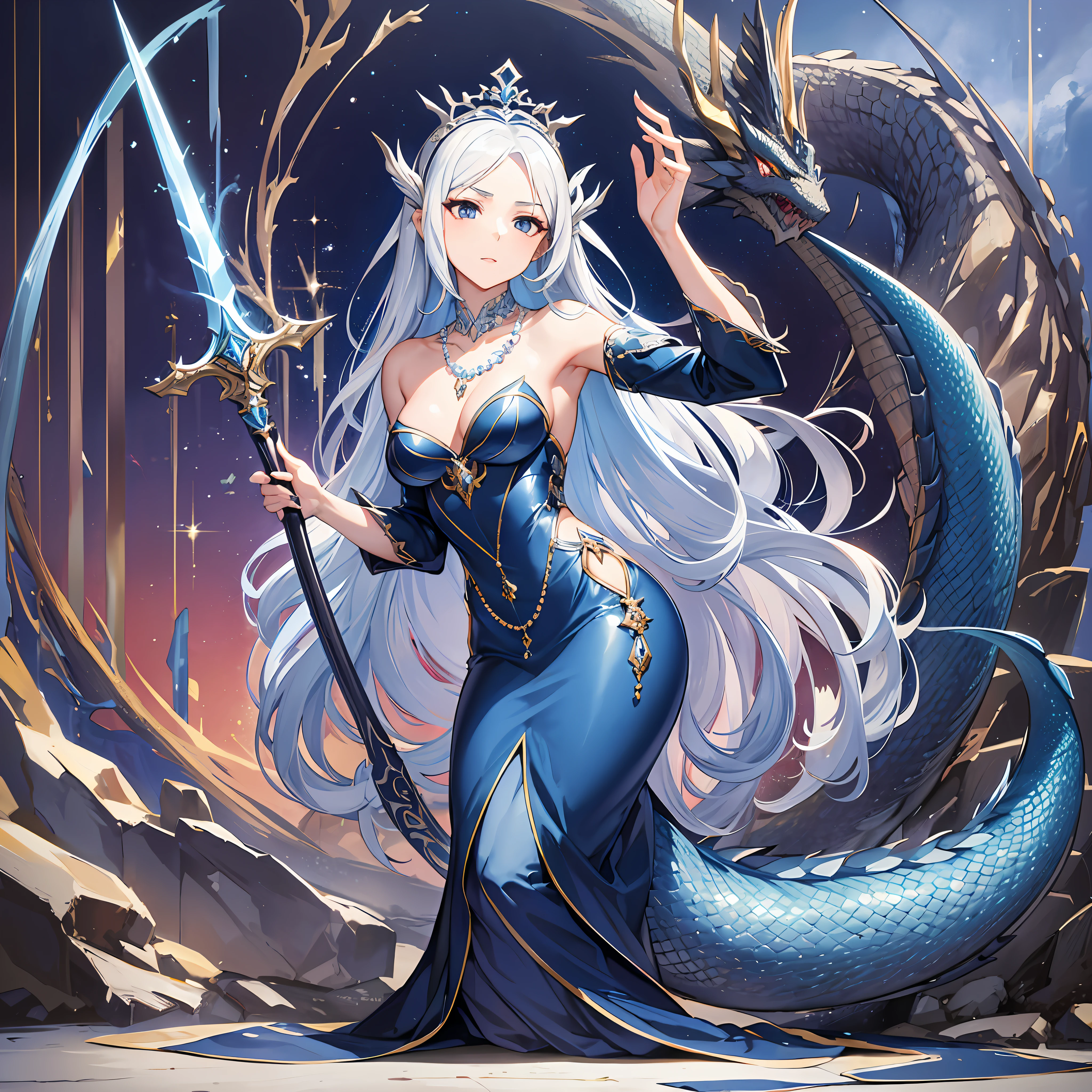 Masterpiece, 30 years age, female, long Silver hair, wearing mermaid headband, pearl necklace, Slanted eyes, blue navy long sexy dress, high heels, Small island style, Holding a dragon swordserious expression, with a sharp gaze, beautiful face, Full body, zoom out
