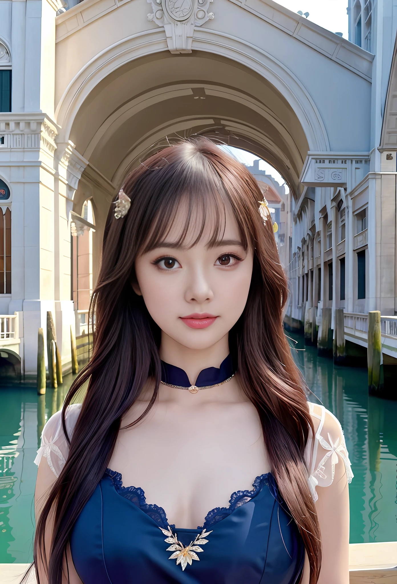 modelshoot style, (extremely detailed CG unity 8k wallpaper), full shot body photo of the most beautiful artwork in the world, stunningly beautiful photo realistic cute women, a hyper realistic ultra detailed photograph of a beautiful girl as a female 2020s dancer on the boat of 2020s Venice,(Bridge Of Sighs background),(princess eyes,shiny pupils), detailed symmetric beautiful hazel eyes, detailed gorgeous face,highly detailed, vibrant,professional majestic oil painting by Ed Blinkey, Atey Ghailan, Studio Ghibli, by Jeremy Mann, Greg Manchess, Antonio Moro, trending on ArtStation, trending on CGSociety, Intricate, High Detail, Sharp focus, dramatic, photorealistic painting art by midjourney and greg rutkowski