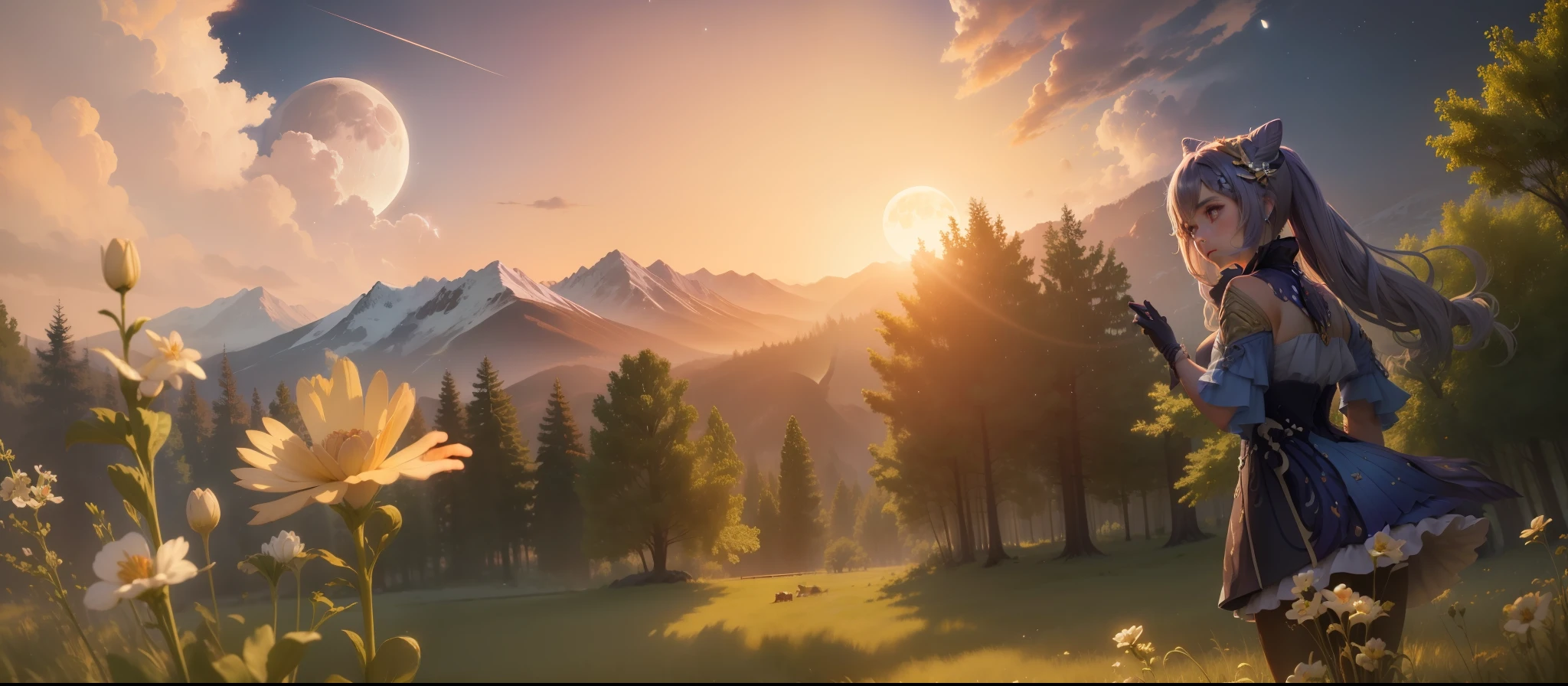 ((best quality)), ((masterpiece)), ((realistic)), ((beautiful female moon)), celestial body hit, comet impact, sunlight, fragmented, dawn dance, spring dusk, rabbit watcher, twinkling stars, forest mist below, at eye level, scenic, masterpiece