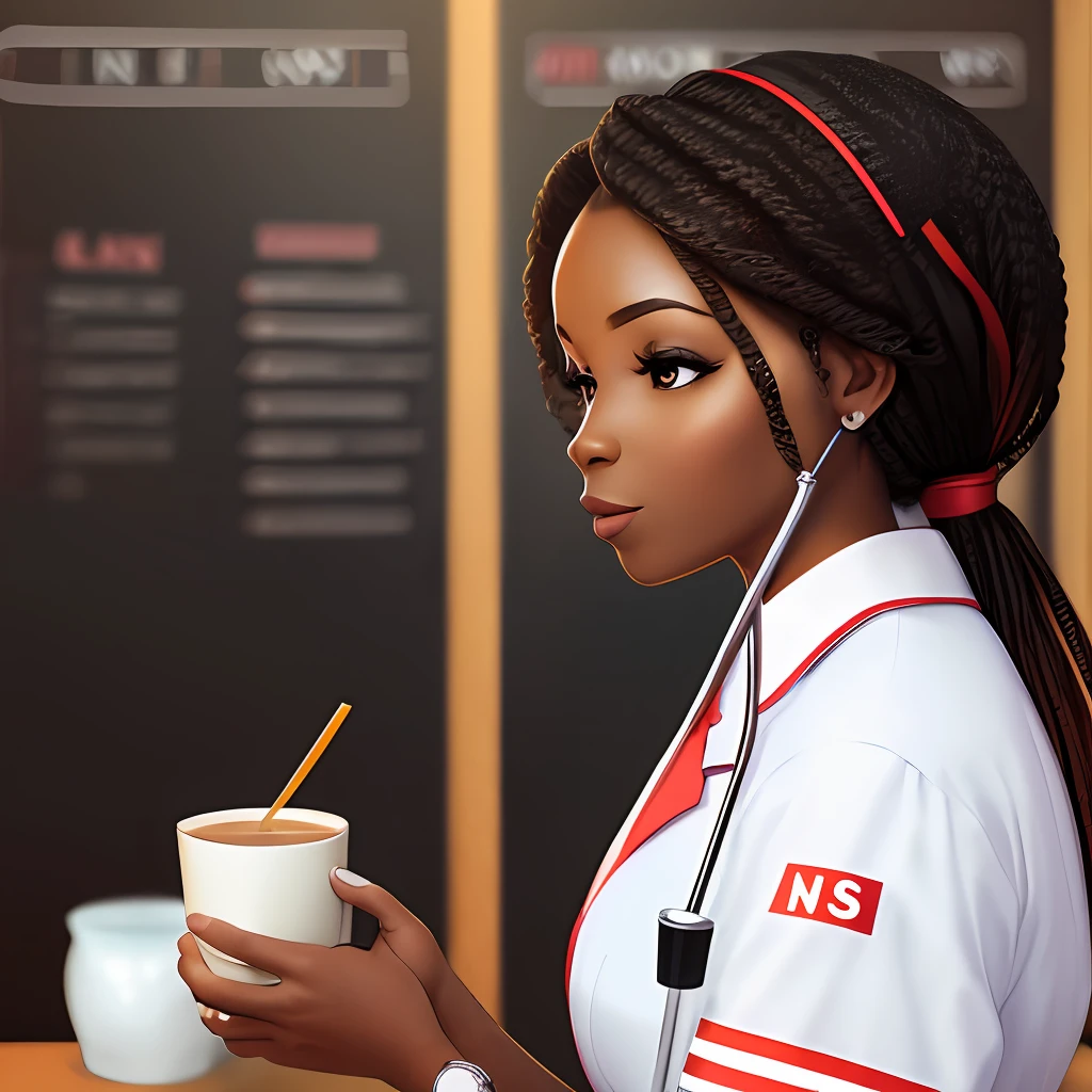 Black woman in nurse's clothes studying drinking coffee --auto --s2