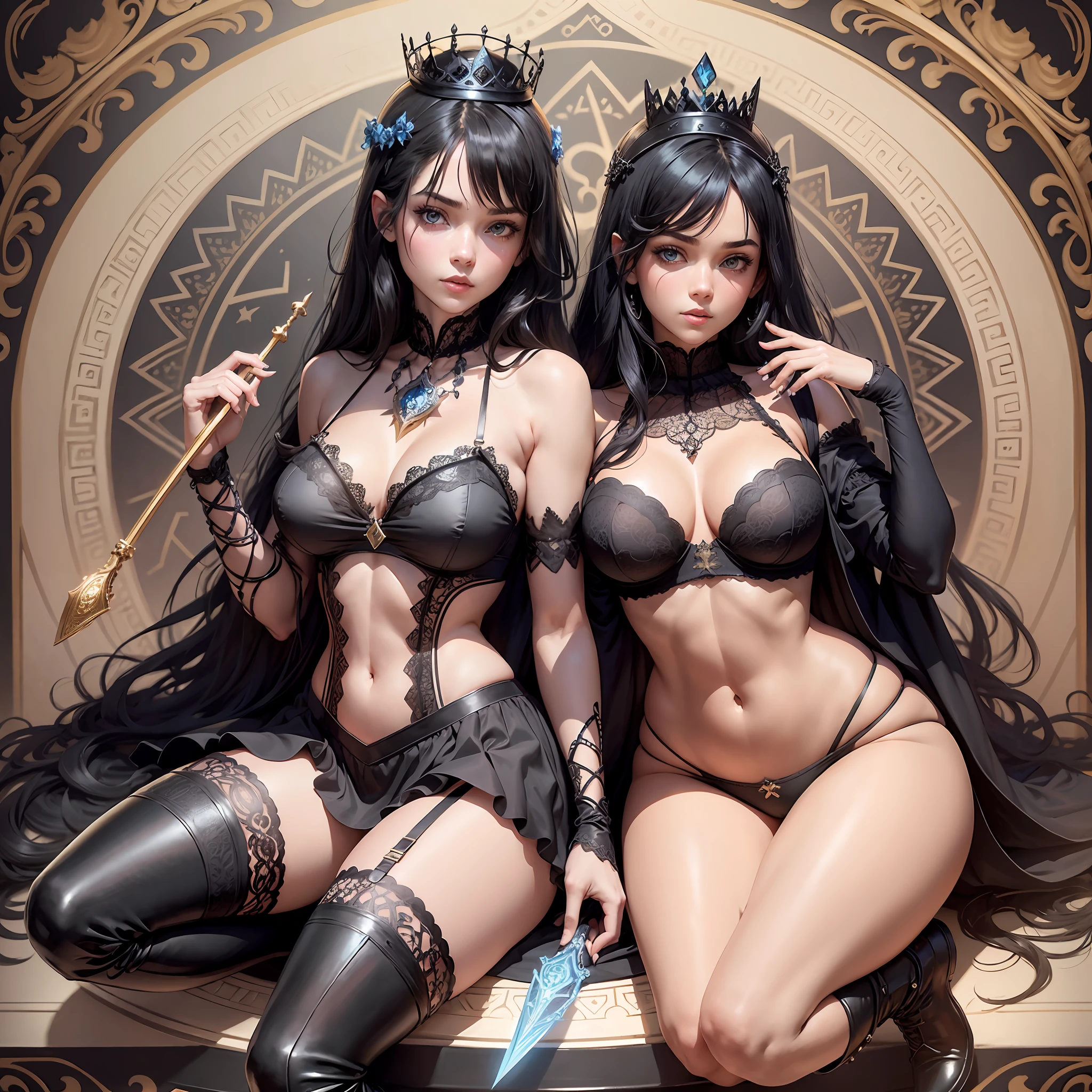 Two 18-year-old women, full body, full body image, wearing black boots, witch character, black hair, hair larger than the character's body, blue eyes, perfect symmetrical and detailed face, thin waist, wide and rounded hip, bust accompanying hip size, thick thighs, wearing a delicate princess crown, lace bra with intricate details, lace panties with intricate details, black boot, holding a magic stick and a magic book,