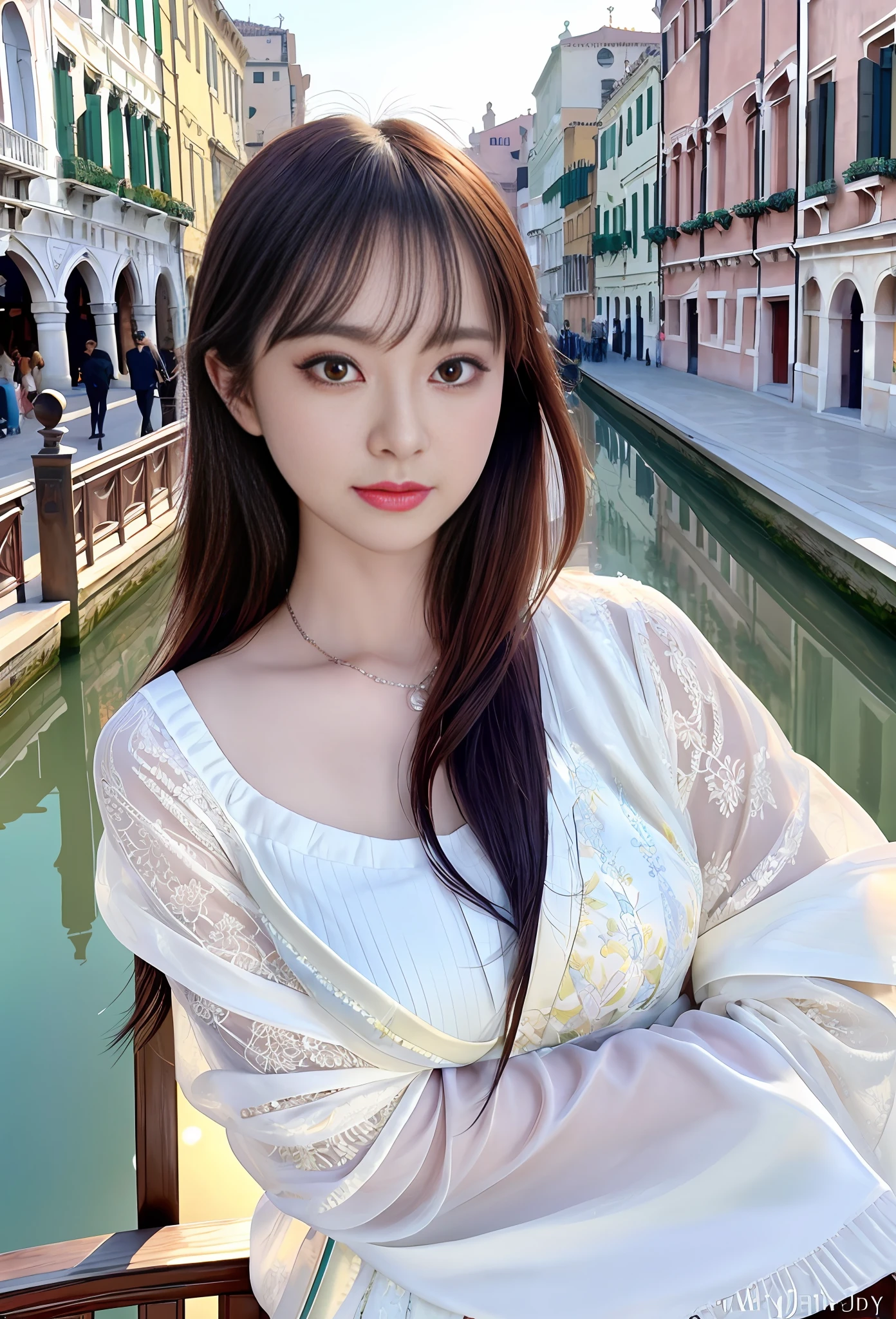 modelshoot style, (extremely detailed CG unity 8k wallpaper), full shot body photo of the most beautiful artwork in the world, stunningly beautiful photo realistic cute women, a hyper realistic ultra detailed photograph of a beautiful girl as a female 2020s dancer on the boat of 2020s Venice,(Bridge Of Sighs background),(princess eyes,shiny pupils), detailed symmetric beautiful hazel eyes, detailed gorgeous face,highly detailed, vibrant,professional majestic oil painting by Ed Blinkey, Atey Ghailan, Studio Ghibli, by Jeremy Mann, Greg Manchess, Antonio Moro, trending on ArtStation, trending on CGSociety, Intricate, High Detail, Sharp focus, dramatic, photorealistic painting art by midjourney and greg rutkowski