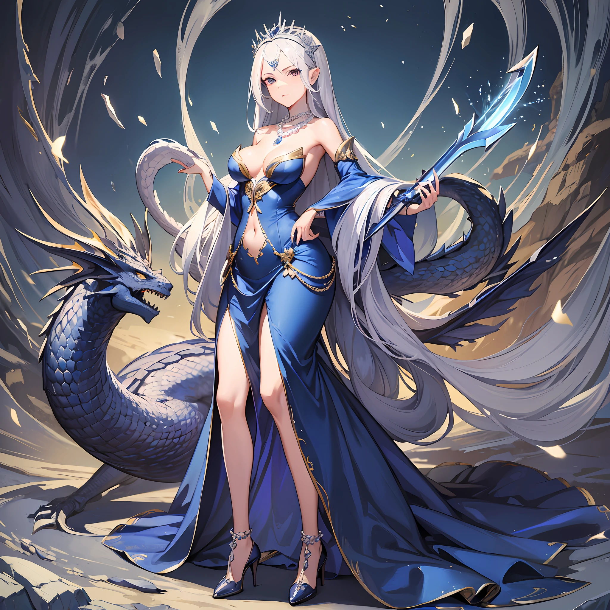 Masterpiece, 30 years age, female, long Silver hair, wearing mermaid headband, pearl necklace, Slanted eyes, blue navy long sexy dress, high heels, Small island style, Holding a dragon swordserious expression, with a sharp gaze, beautiful face, Full body, zoom out