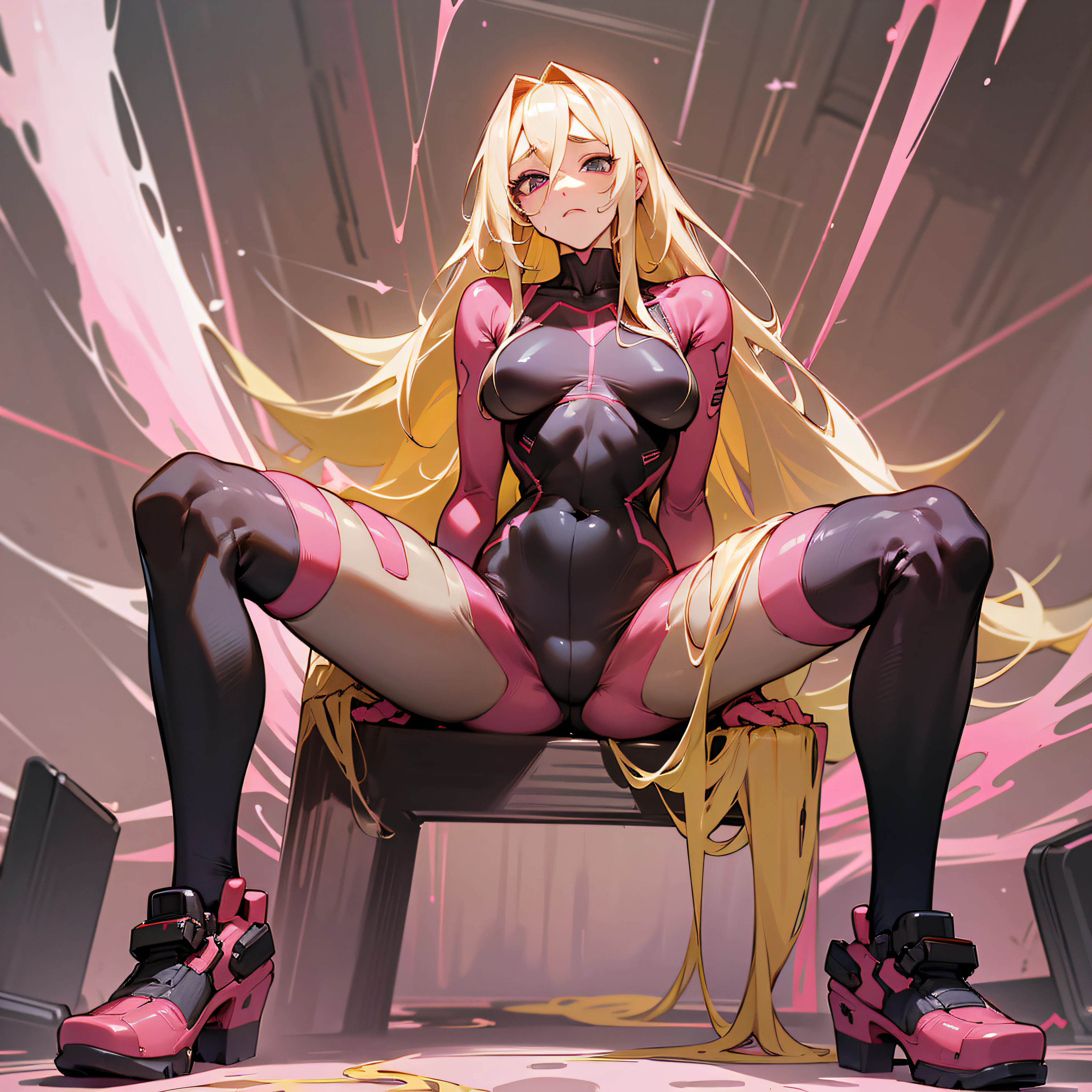 Long hair, beauty, tight-fitting suit, full-body tights, big, skin-tight, blonde, brainwashed, in a large amount of reddish-pink mucus, twitching all over the place, abe face