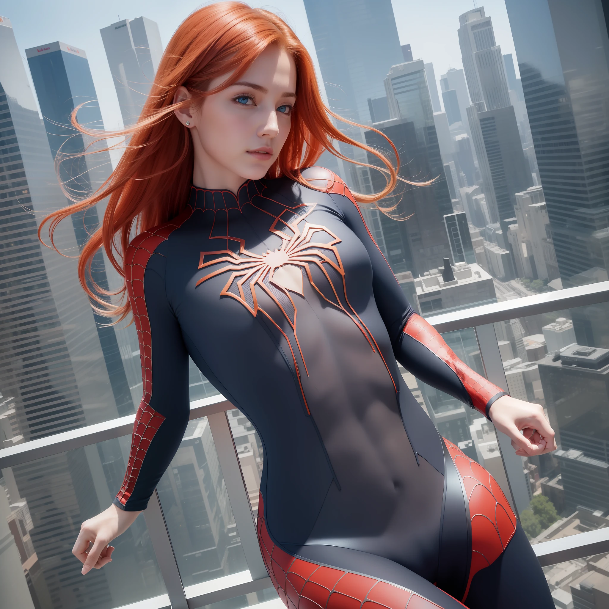 Masterpiece, 4K, HQ, Realistic,  charachter, hyper-intrincate, a incredible redhead girl in the skycraper, spiderman suit, she is the Spiderman, superhero movie, clean skin, white skin, longer hair,  intense blue eyes, relax, 25 years old, full-body frame, complete body shot, complete image subject, cinematic, natural ilumination, powerful, impressive, lovely,