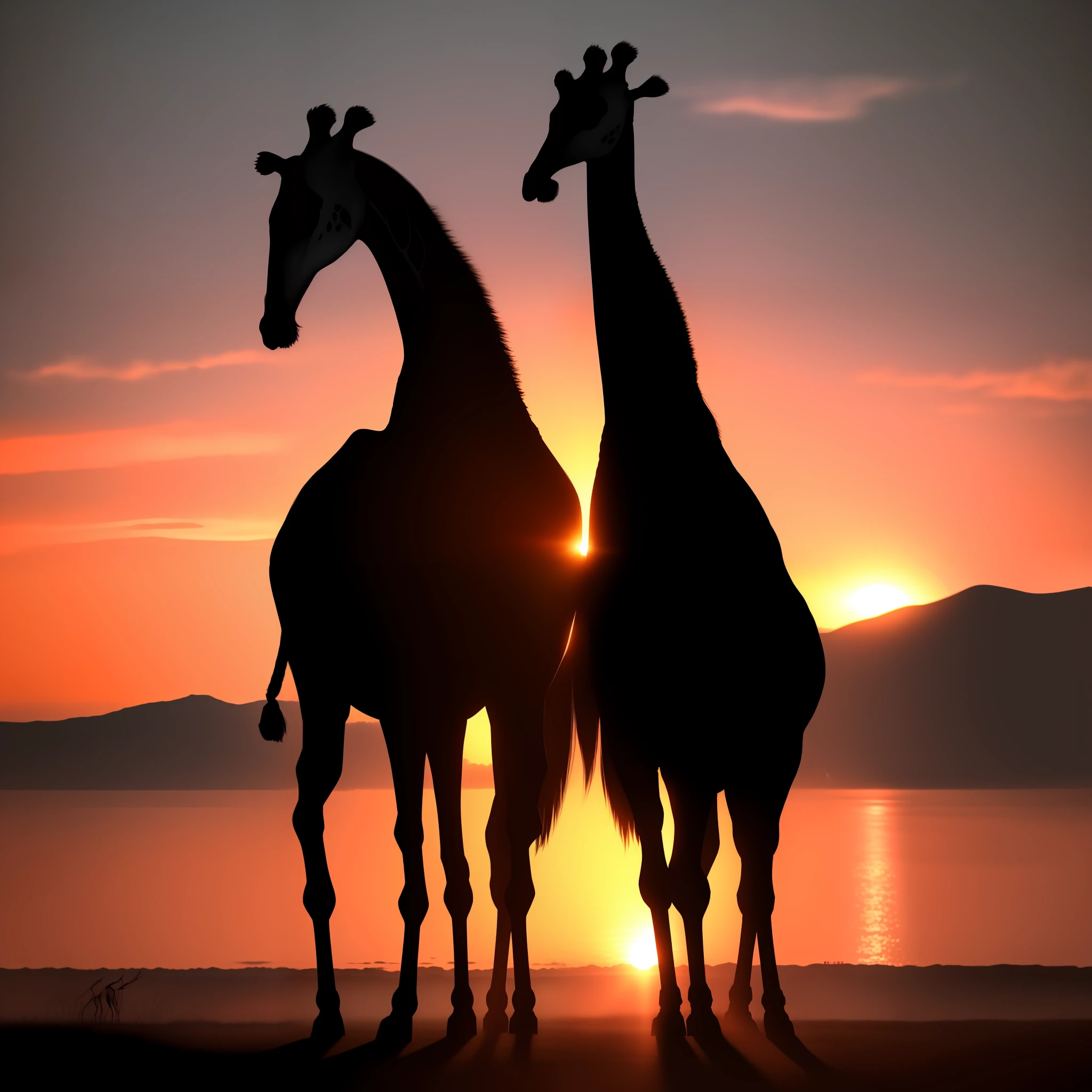 Craft a captivating scene featuring a majestic giraffe silhouetted against a vibrant sunset