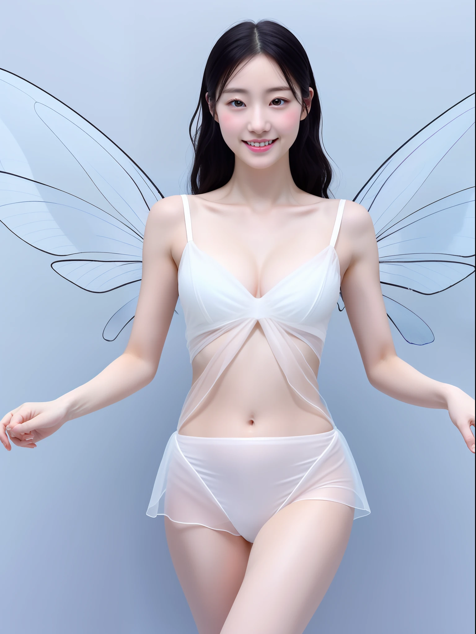 Fairiy with a Japanese face,at peak of Alps,1girl, ((best quality)), ((masterpiece)), (detailed), realistic, photo, ethereal beauty,cute,(black hair:1.2), (black eyes:1.2),Light colored dress,(transparent fairy wings:1.2), exquisite and beautiful face, exquisite collarbone, seductive and delicate collarbone, charming fragrant shoulders, shoulders slightly exposed,peach Red lips,(smile:1.2),beautiful tit,belly button,pale snow white skin, pale milky white porcelain skin, (smooth translucent white skin:0.4)