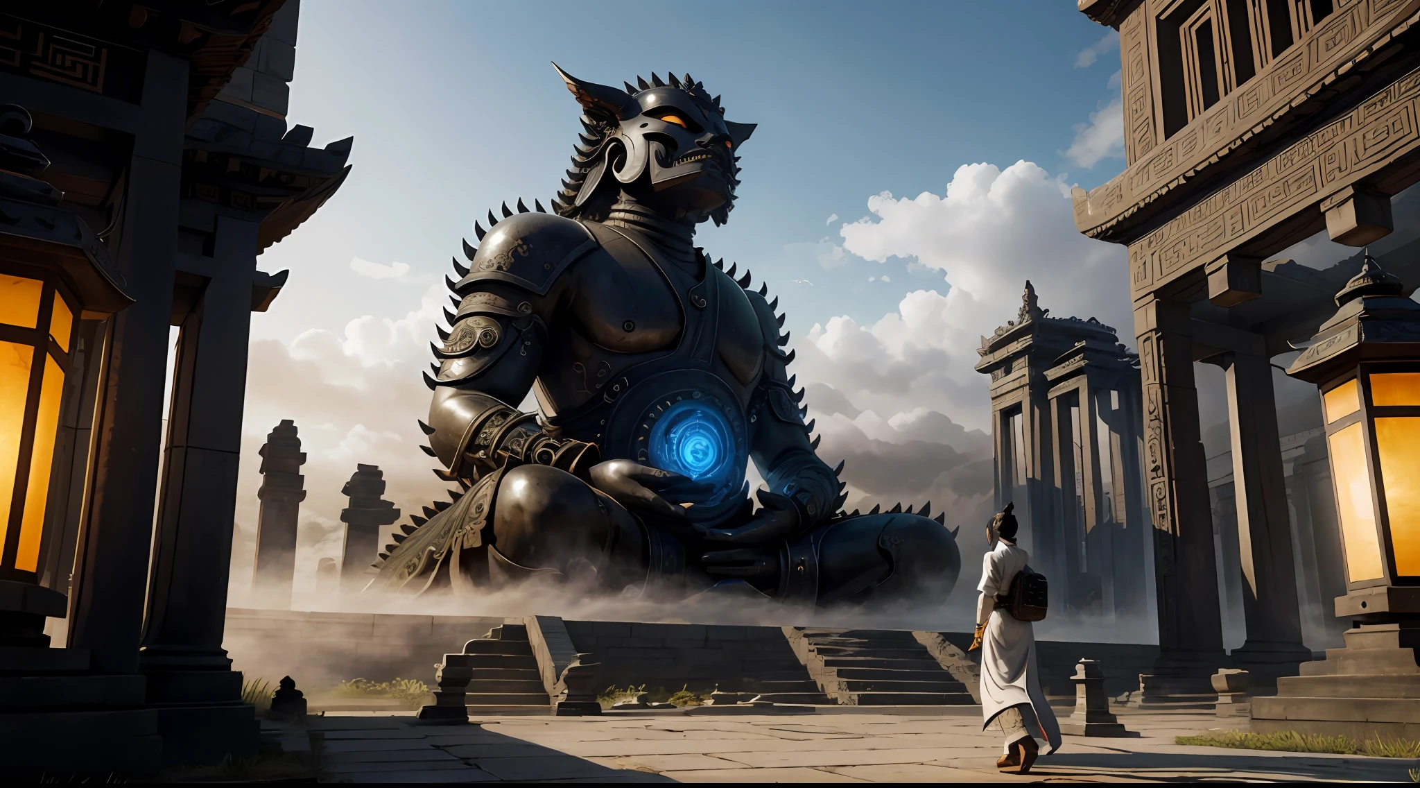 absurd, realistic lighting, (abyss) masterpiece, high quality, beautiful graphics, high detail, dressed woman, extremely refined and beautiful, amazing, fine detail, masterpiece, hyper-detail, high resolution, (best illustration), (best shadow), intricate, ancient landscape, thousand hands bodhisattva, temple, (mysterious black fog), journey to the west, ((corpse), ((ancient monster)), (ruins), (battlefield), (blood stain), glazed tiles, Buddha statue, lantern,