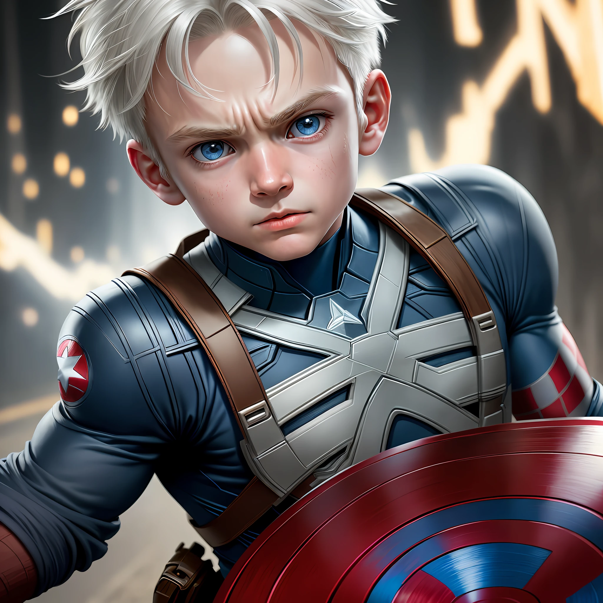 Boy, 6 , white, little hair, like Captain America 8k, high resolution, detailed face, detailed face, detailed eyes, detailed costume, Marvel and DC style, hyper-realistic, + cinematic shooting + dynamic composition, incredibly detailed, sharp, detailed + superb details + night with light + perfectionism + award-winning realism