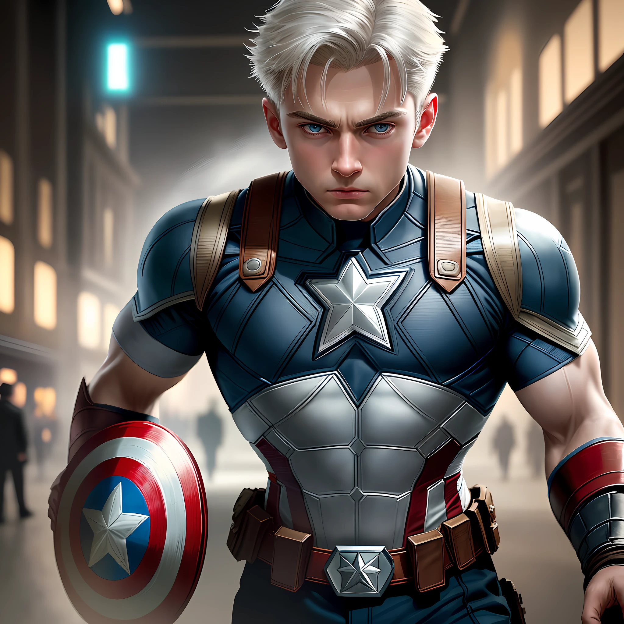Boy, 6 years old, white, little hair, like Captain America 8k, high resolution, detailed face, detailed face, detailed eyes, detailed costume, Marvel and DC style, hyper-realistic, + cinematic shooting + dynamic composition, incredibly detailed, sharp, detailed + superb details + night with light + perfectionism + award-winning realism