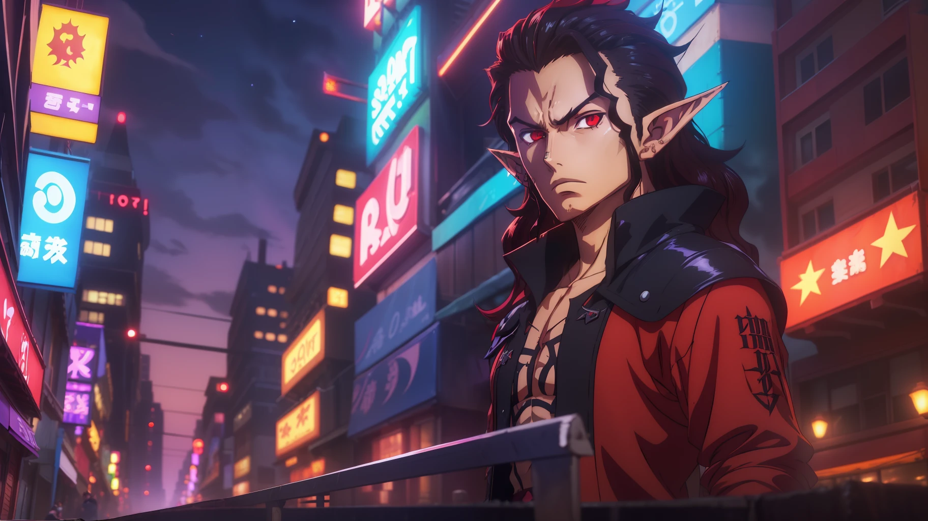 (best quality), (anime), (main character), (age:), (average height), (hair:wavy), (disguised sides), (eyes:dark crimson), (pointed ears), (half-elf), (night scene), (city), (street background), (neon), (urban action).