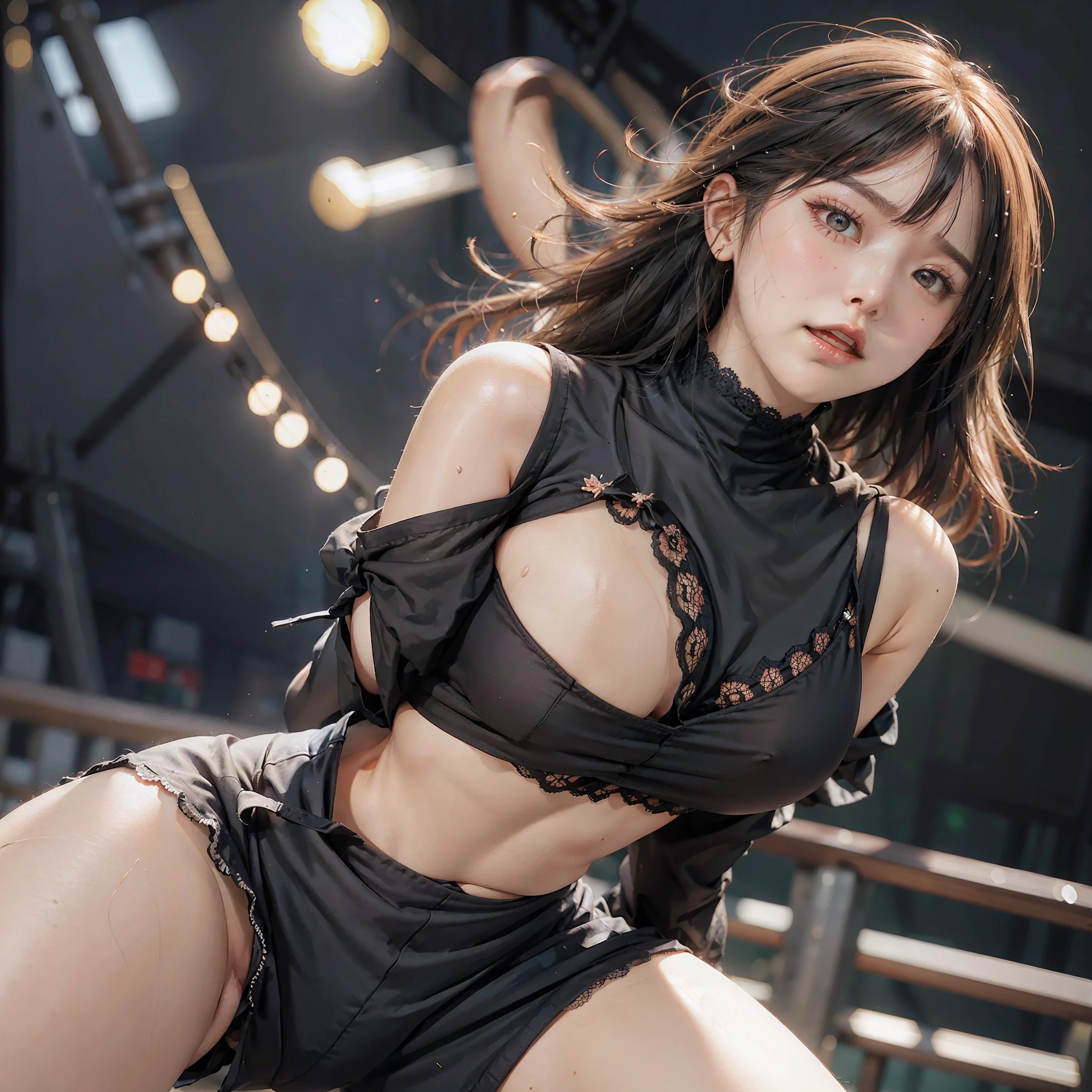 Show armpits, kneeling position, looking at the audience, sweaty, huge breasts, from the front, plump, wide buttocks, slender thighs, anger, open mouth, a lot of sweat on the mouth, short lace panties, black silk with many holes --auto --s2