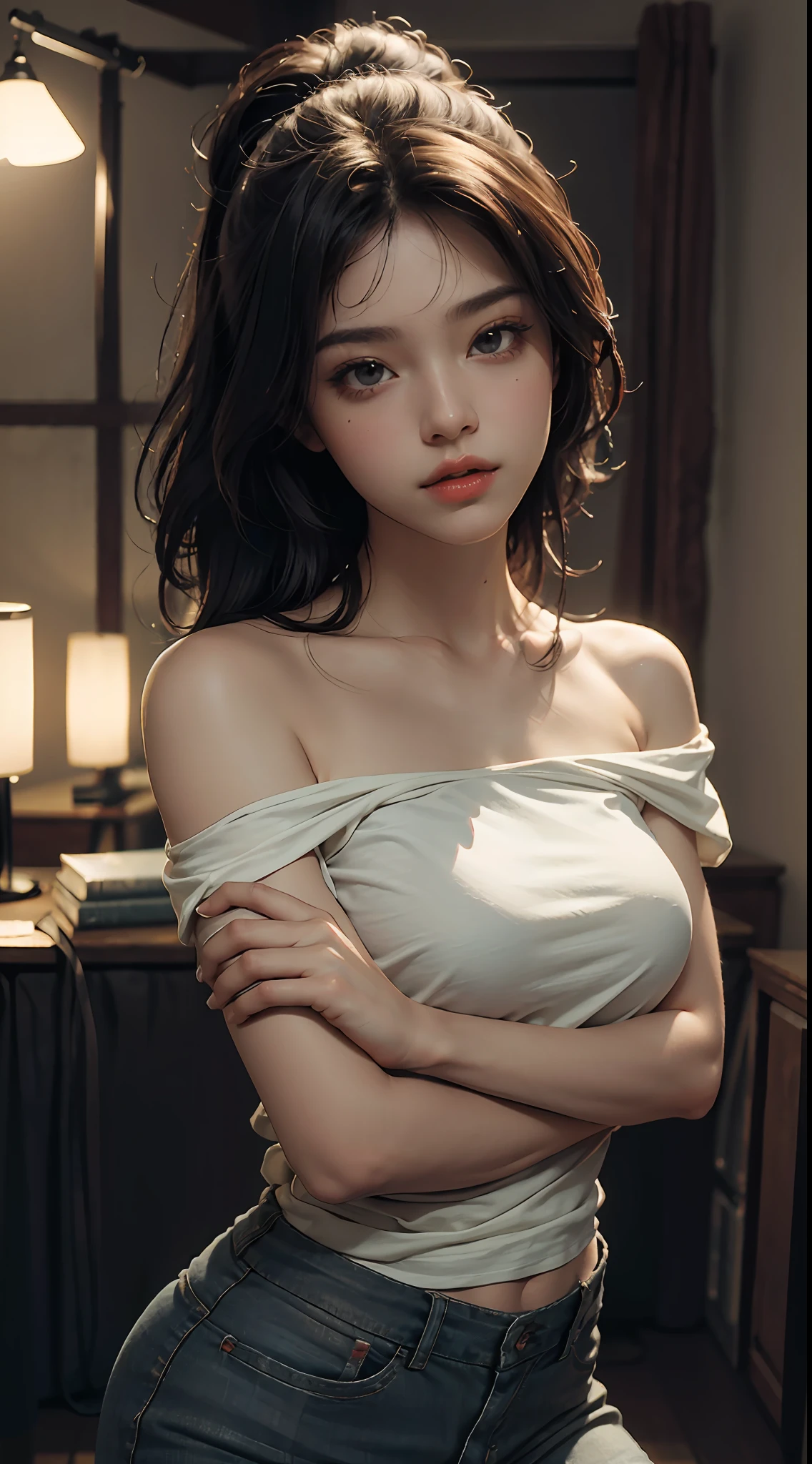 Best Quality, Masterpiece, Ultra High Resolution, (Photorealistic:1.4), Original Photo, 1 Girl, Bare Shoulder and Drape T-Shirt, Film Lighting, Kiss Pose