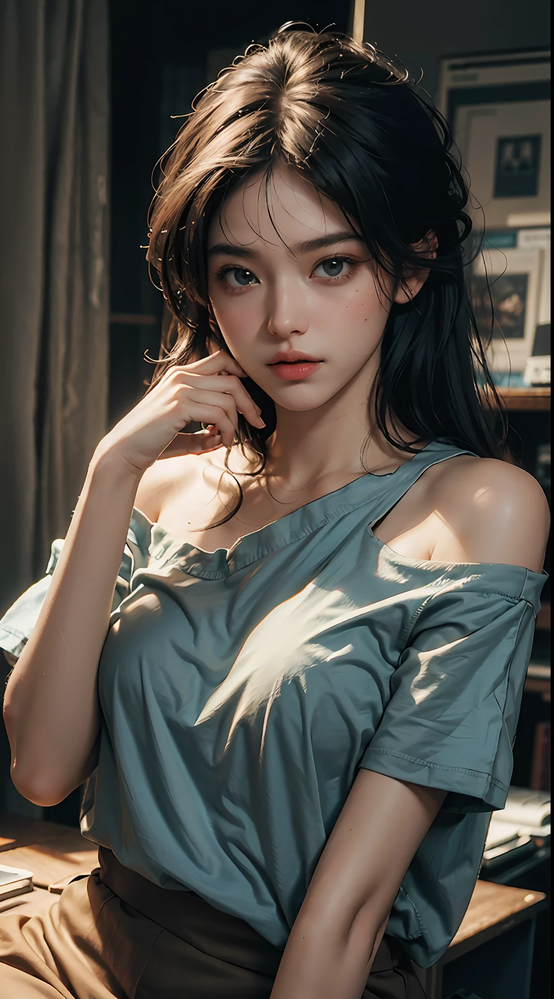 Best Quality, Masterpiece, Ultra High Resolution, (Photorealistic:1.4), Original Photo, 1 Girl, Bare Shoulder and Drape T-Shirt, Film Lighting, Kiss Pose