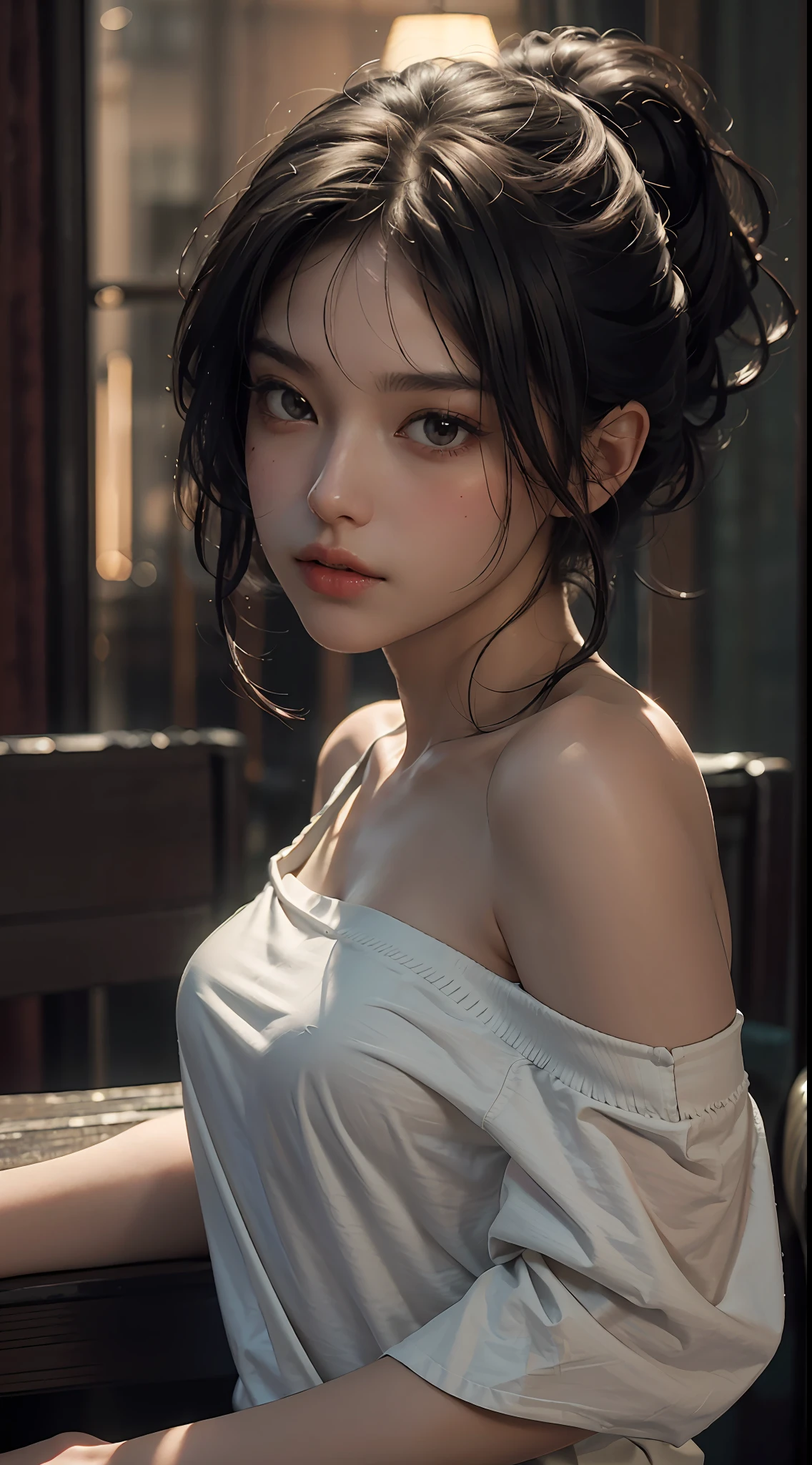 Best Quality, Masterpiece, Ultra High Resolution, (Photorealistic:1.4), Original Photo, 1 Girl, Bare Shoulder and Drape T-Shirt, Film Lighting, Kiss Pose