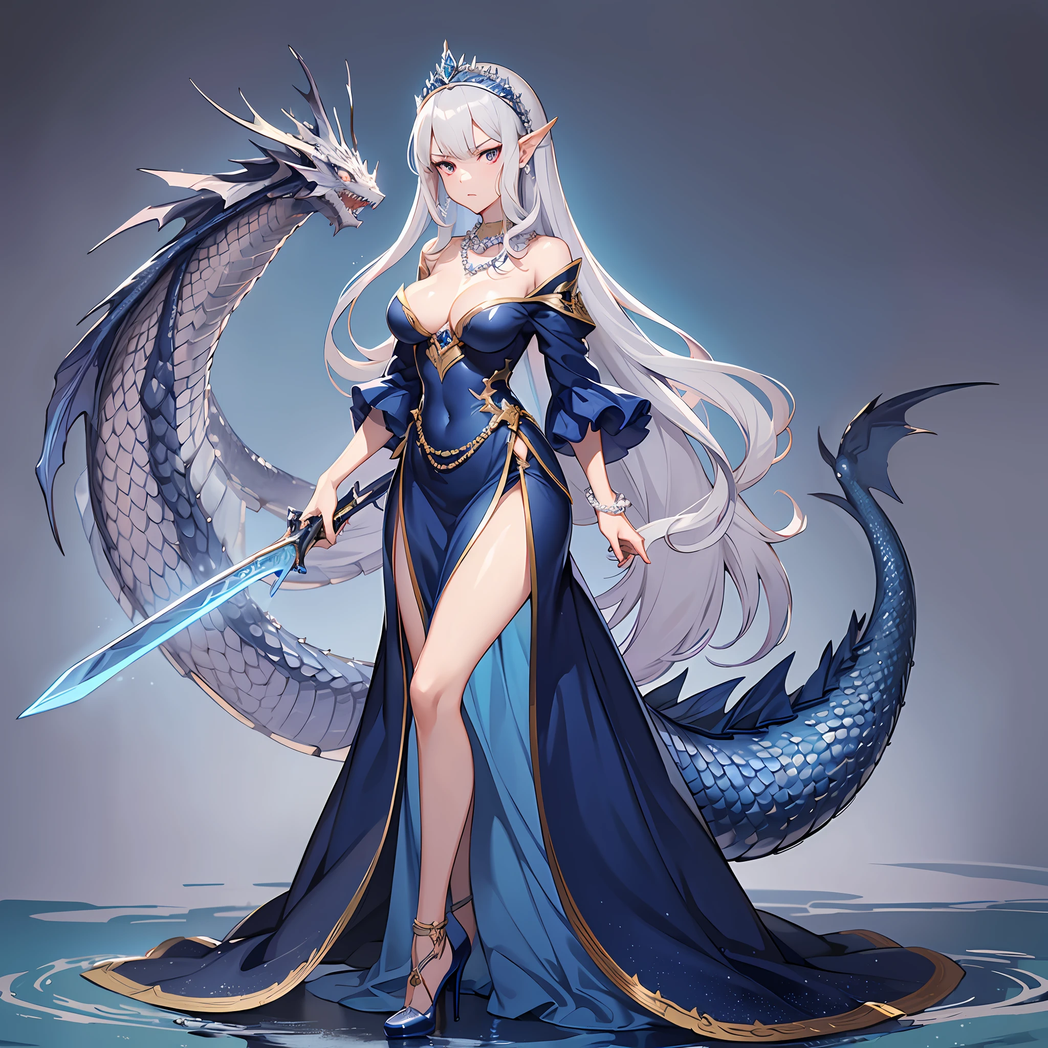 Masterpiece, 30 years age, female, long Silver hair, wearing mermaid headband, pearl necklace, Slanted eyes, blue navy long sexy dress, high heels, standing at Small island, Holding a dragon water sword, serious expression, with a sharp gaze, beautiful face, Full body, zoom out