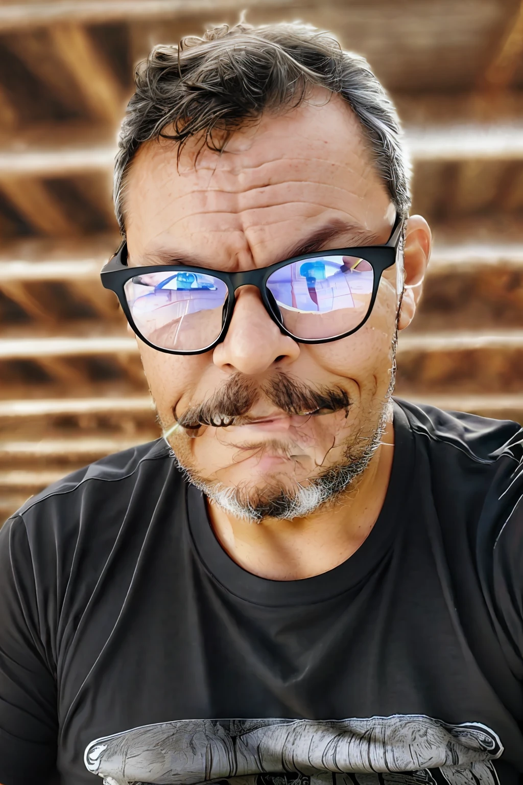 full frame, portrait, rustic, male model, brunette man, ((glasses without lens reflection)), ((black t-shirt)), tanned and wrinkled skin, gray hair, gray full beard, dark brown eyes, (skin texture), skin pores, shallow depth of field, sharp eye focus, backlit