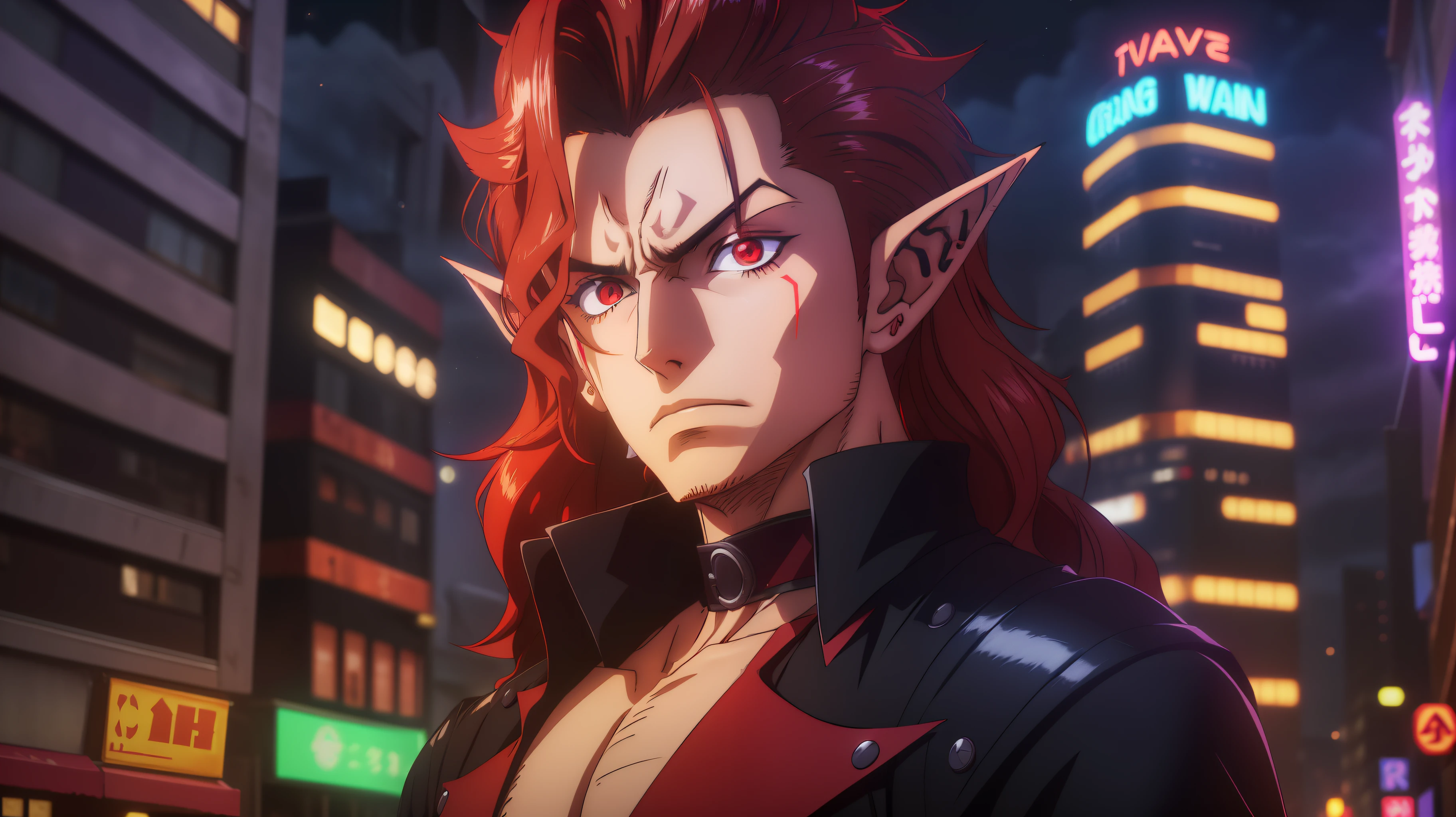 (best quality), (anime), (main character), (age:), (average height), (hair:wavy), (disguised sides), (eyes:dark crimson), (pointed ears), (half-elf), (night scene), (city), (street background), (neon), (urban action).