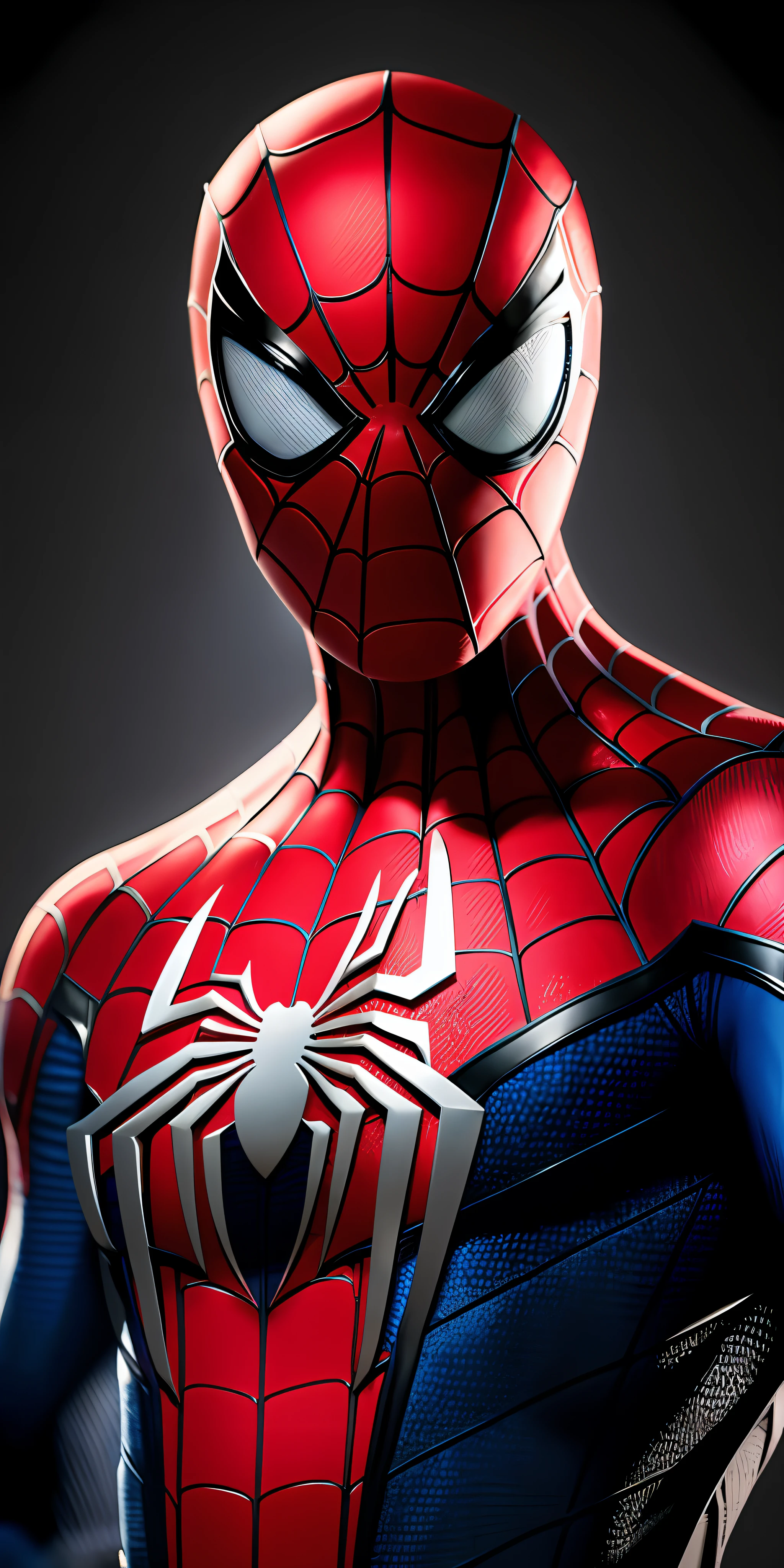 Spider - Man in red suit on black background, rendered in SFM, Spider-Man portrait, fantastic expressions, 8K rendering, high detail iconic characters, super renderings rendered in octane rate, futuristic style Spider-Man, realistic fan art, highly detailed spider-man, super detailed rendering, super detailed octane rendering, marvel characters, marvel style, marvel concept art