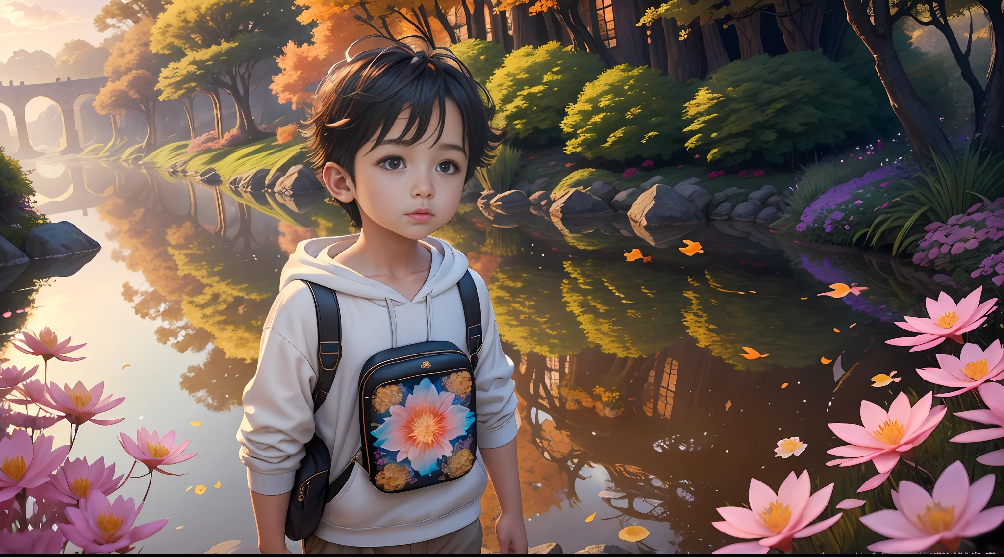 (best quality, masterpiece, ultra-realistic), Masterpiece, best quality, cinematic lighting, beautiful concept art, surrealism, epic scene, 8K, a magical oasis filled with vibrant flowers, sparkling waterfall and an atmosphere of mystery. a  Milo's eyes widened in astonishment as he stepped onto the path, feeling a tingle of anticipation.(best quality, masterpiece), grain, wind, flower, upper body, looking at viewer, galaxy. (best quality, masterpiece, surreal), Masterpiece, best quality, cinematic lighting, beautiful concept art, surrealism, epic backgrounds, 8K, Milo is a boy, boy wearing shorts, white hoodie and brown school bag. 1 boy and 1 squirrel, a shimmering pond with lots of colorful koi fish. The reflection of the water dancing with the sunlight, the pond is the gateway to extraordinary adventures that are spooky and magical, the colors shimmering, sparkling, dazzling. Masterpiece, High Quality, Castle, Fantasy, Glow Plants, Coral Viaduct, (Glowing Jellyfish), (Flock of fish with transparent wings flying in the sky), Mist, Extreme limb Detail, Morning Light, Epic Layout, (Intricate detail) ), (Intricate Design, Super Detail: 1.2), Art Station, (Masterpiece, Best Quality), Ultra HD, 32k ,castle,ruins ,(Underworld),Underground --v 6