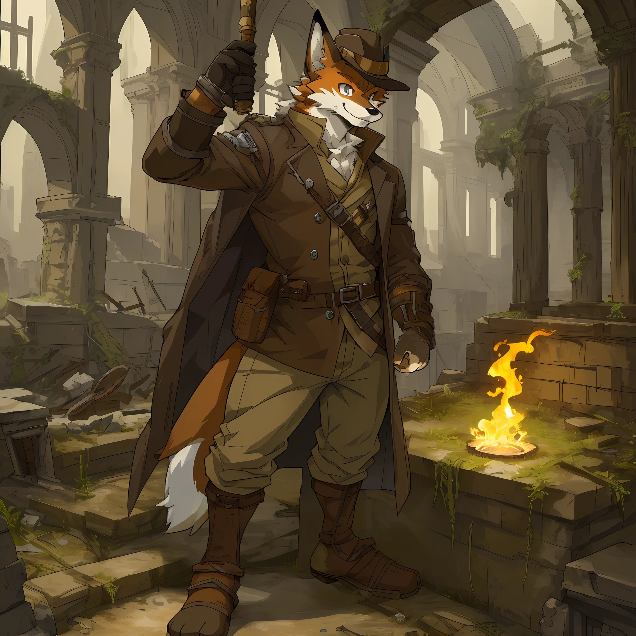 Top Quality, Top Quality, Masterpiece, Ultra High Definition, Detailed Background, Old Ruins, Dungeons (Highly Detailed Beautiful Faces and Eyes) Absurdity, Perfect Anatomy (Handsome 1 Boy, Kemono, Solo Focus, Adventurer, Archaeologist) (Furry Antro: 1.7) (Furry Body, Fox Facial Features, Fox Body Features) (Highly Detailed Body Fur) Full Body, Dirty Coat and Hat, Torch,