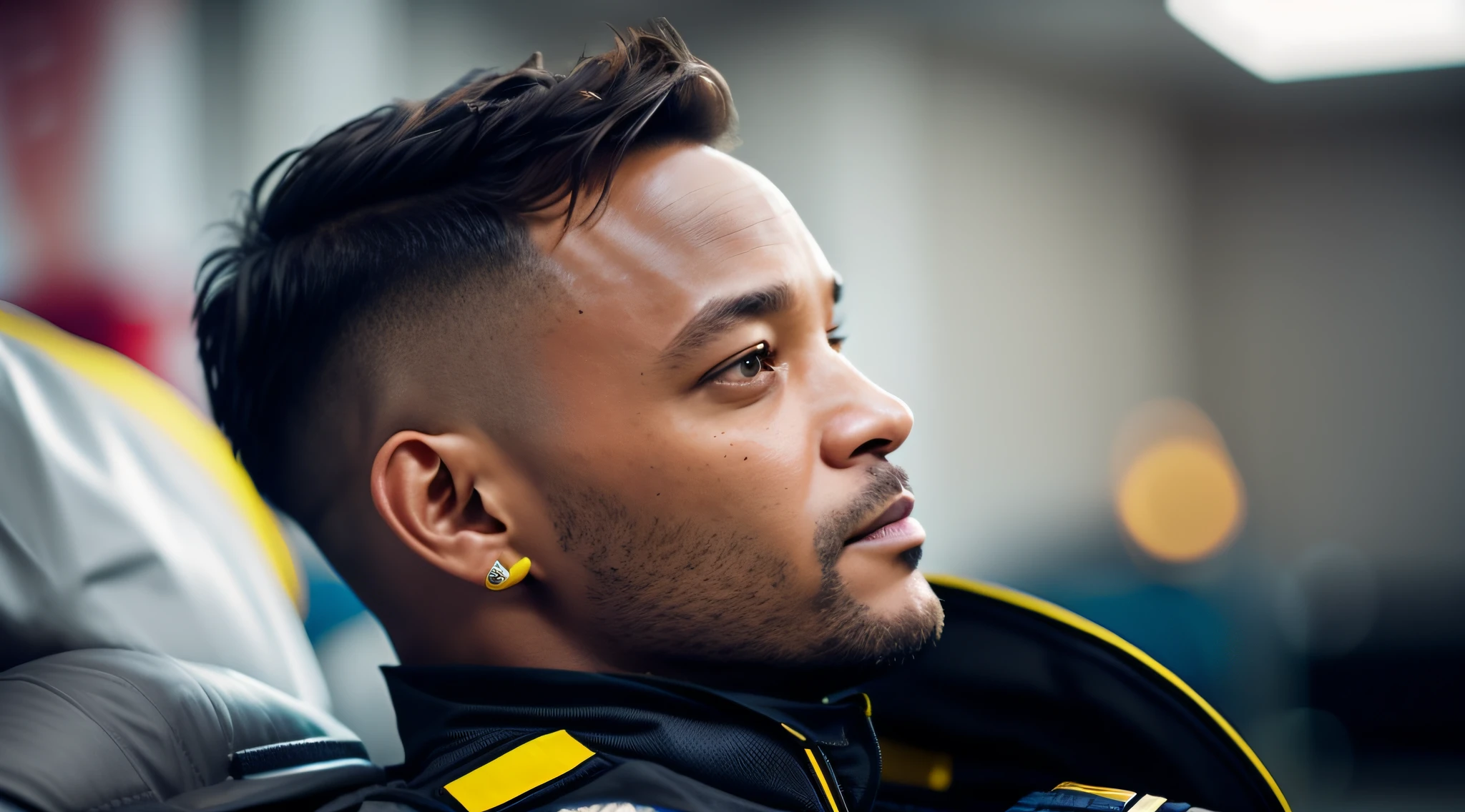 fking_scifi, award-winning photo of a man, black flight suit with yellow details, brown hair, (grey eyes: 1.35), square chin, will smith face, tied to a bed lying in a hospital room, bokeh, mass effect, close-up, fking_cinema_v2