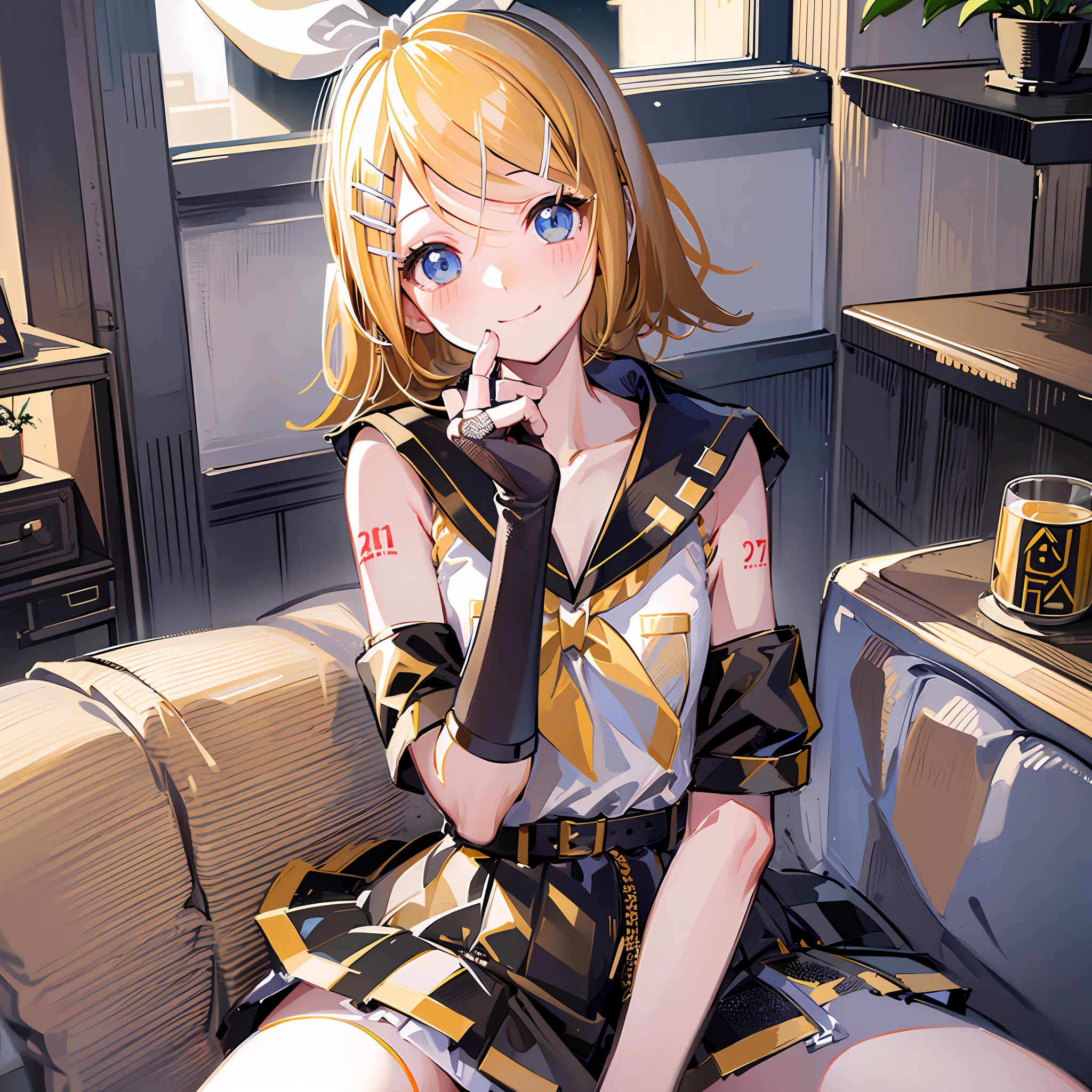 (Masterpiece), (Best Quality), (Illustration), (Ultra Detailed), (High Resolution), Absurdity, One Girl, (Kagamine_Rin:1.5), (Vocaloid), Shoulders are cut off, Short Hair, Hair Clip, Blush, (Blonde), Very Cute Girl, Small, Young, Delicate, Attention to Girl, Living Room, Cute, She, Smile, Best Moment, Sailor Suit, Black Shortscute, belt, blue eyes, bright eyes, cool