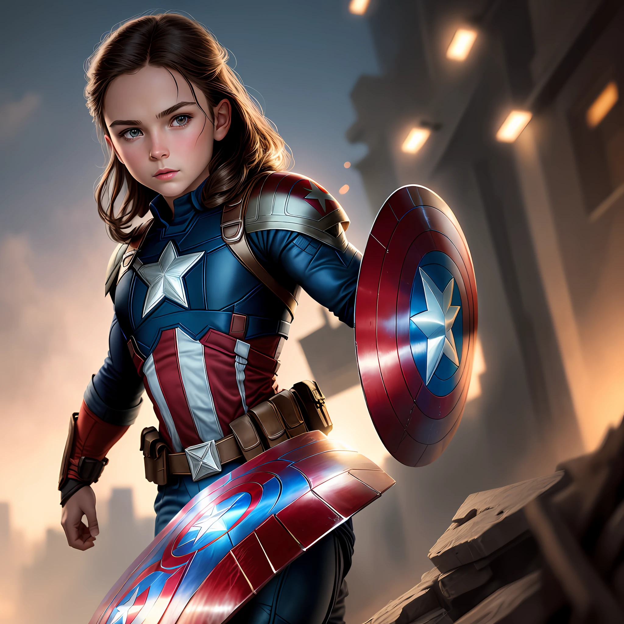 Young, 6 , brunette,front view like Captain America 8k, high resolution, detailed face, detailed face, detailed eyes, detailed costume, Marvel and DC style, hyper-realistic, + cinematic shooting + dynamic composition, incredibly detailed, sharp, detailed + superb details + night with light + perfectionism + award-winning realism