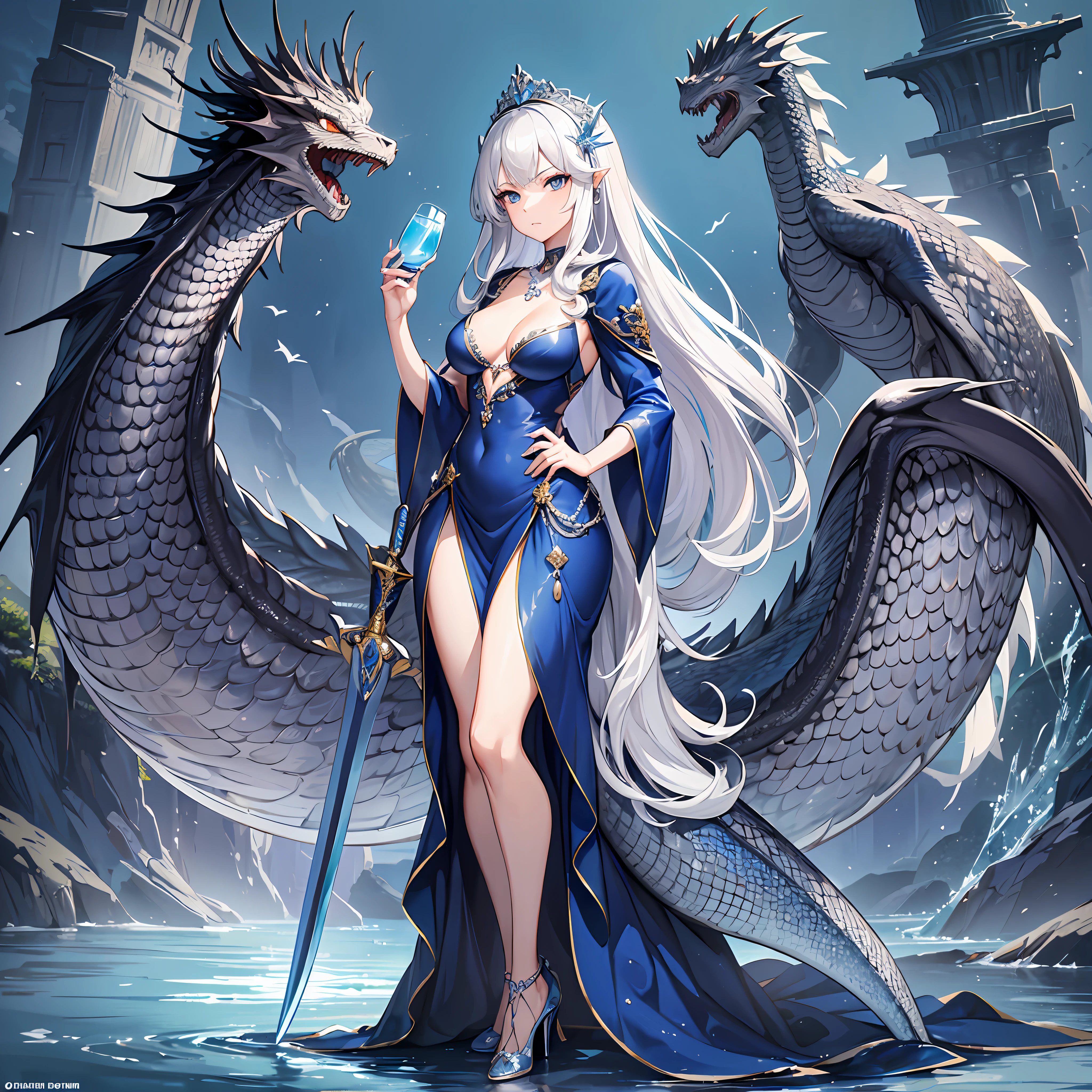 Masterpiece, 30 years age, female, long Silver hair, wearing mermaid headband, pearl necklace, Slanted eyes, blue navy long sexy dress, high heels, standing at Small island, Holding a dragon water sword, serious expression, with a sharp gaze, beautiful face, Full body, zoom out