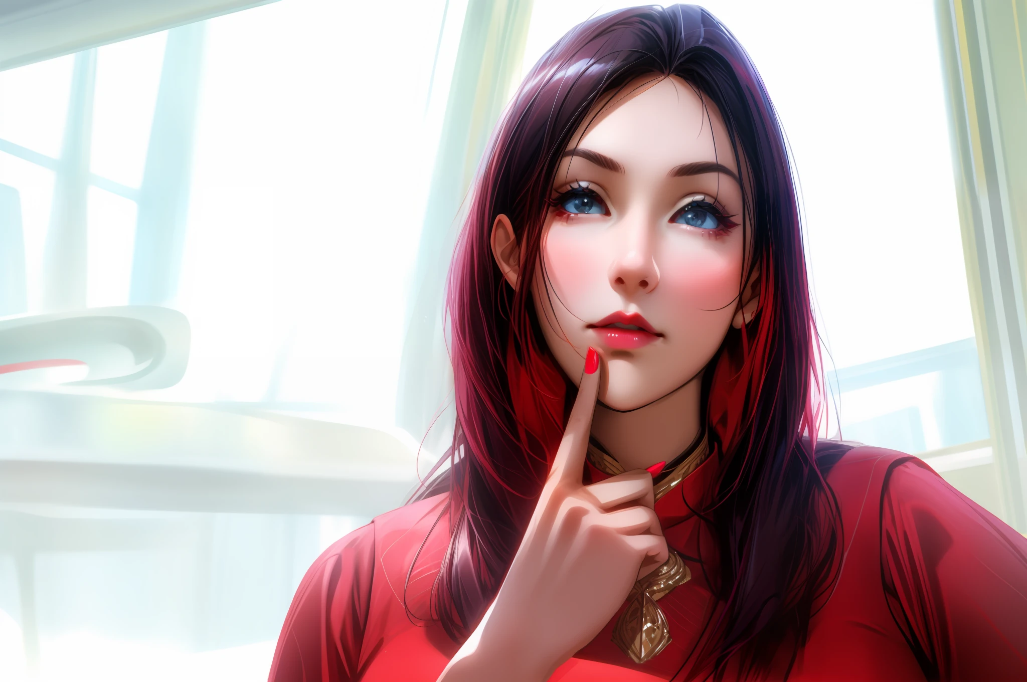 There's a woman in a red dress holding her finger to her lips, hand to chin, woman's face looking out of camera, looking up, featured, hovering indecision, pondering, thoughtful expression, hand on cheek, thoughtful, thin pointed chin, pointed chin, iStock, focus on pursed lips, thinking pose, profile picture, slick, thoughtful chin), looking confused