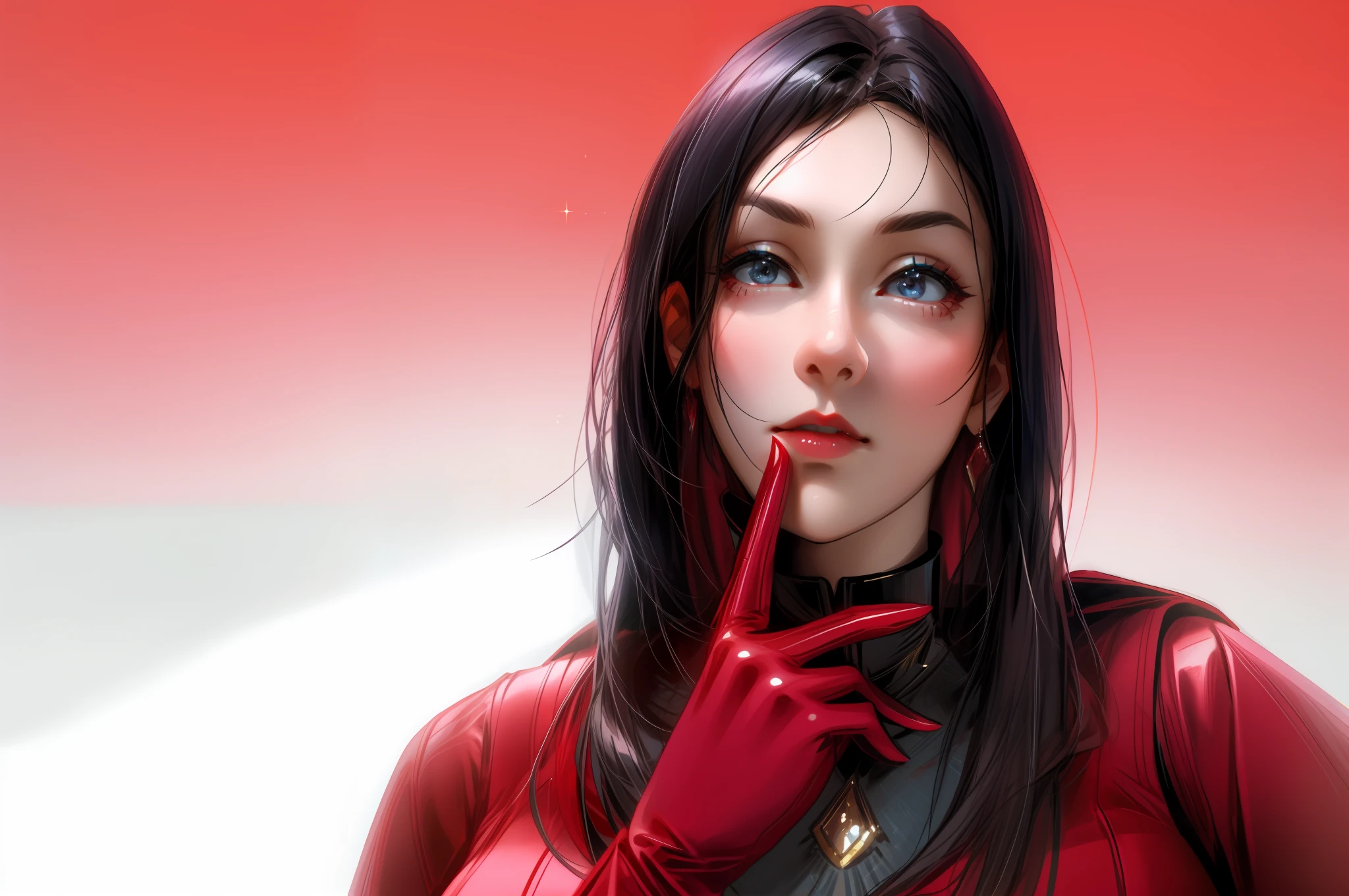There's a woman in a red dress holding her finger to her lips, hand to chin, woman's face looking out of camera, looking up, featured, hovering indecision, pondering, thoughtful expression, hand on cheek, thoughtful, thin pointed chin, pointed chin, iStock, focus on pursed lips, thinking pose, profile picture, slick, thoughtful chin), looking confused