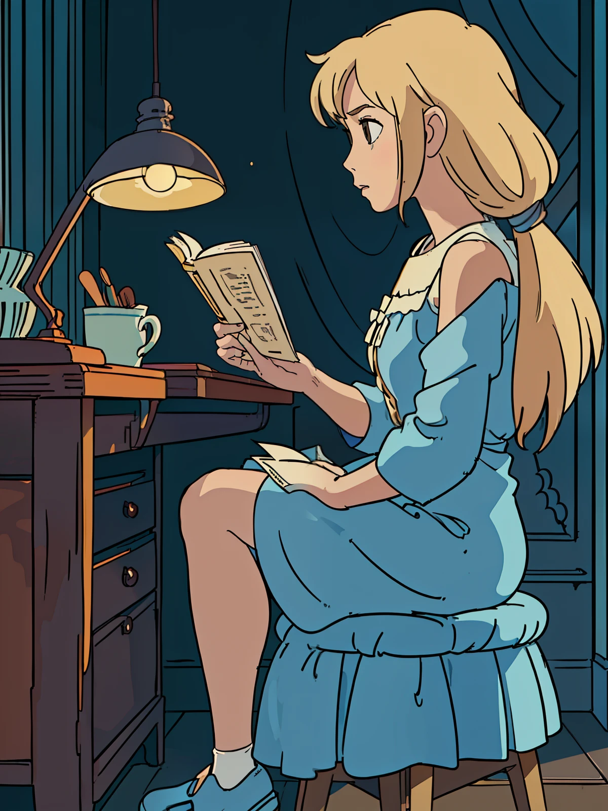 (clara, a blonde girl, shoulder-length hair, brown eyes, wears a blue dress with white details, serious facial expression, sitting at a desk, reading geographies (best quality) (8k) (best rendering) (masterpiece) (perfect anatomy) (perfect brown eyes) (perfect anatomy) (perfect hands) (high quality rendering)