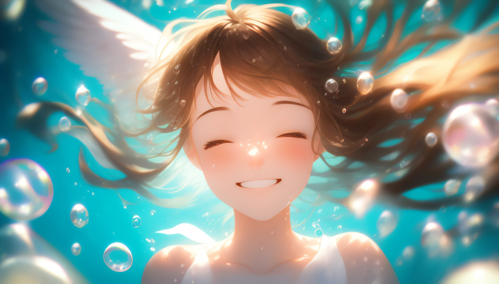 1 girl, closed eyes, smile, angel, underwater, water bubbles, reflection, long light brown hair, bloom, depth of field, bokeh