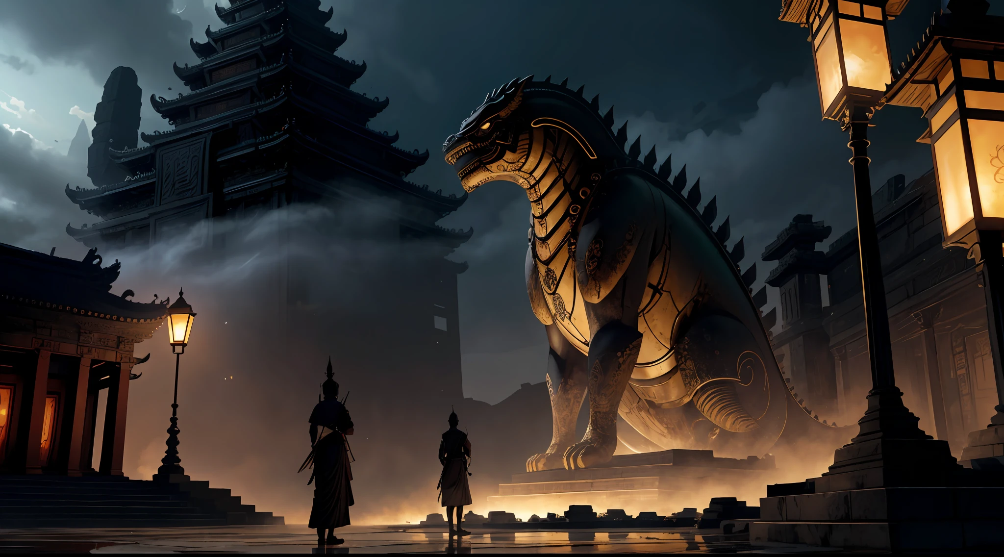 absurd, realistic lighting, (abyss) masterpiece, high quality, beautiful graphics, high detail, dressed woman, extremely refined and beautiful, amazing, fine detail, masterpiece, hyper-detail, high resolution, (best illustration), (best shadow), intricate, ancient landscape, thousand hands bodhisattva, temple, (mysterious black fog), journey to the west, ((corpse), ((ancient monster)), (ruins), (battlefield), (blood stain), glazed tiles, Buddha statue, lantern,