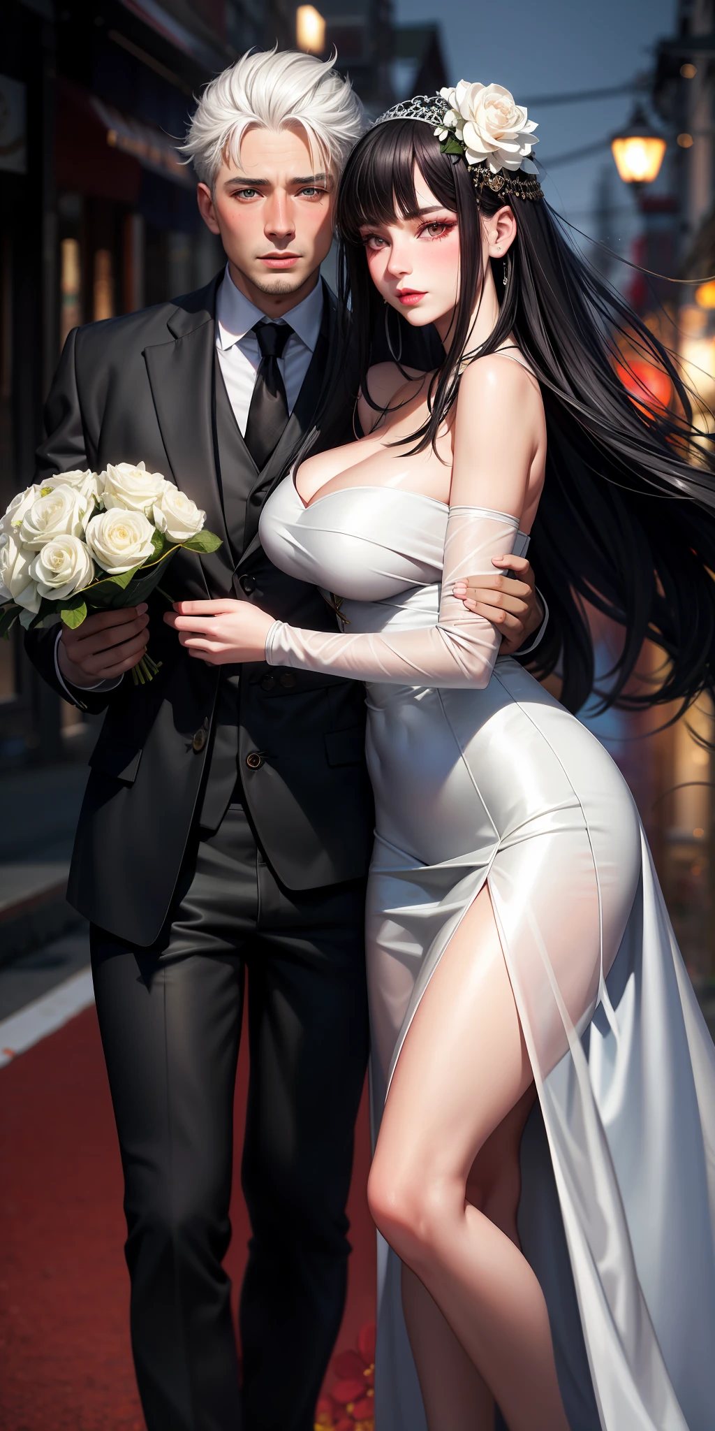 realistic, couple, black haired woman, white haired man, red eyes, green eyes, perfect hands, bright eyes, dress, oriental, skirt, lips half-open, blush, night, flowers, solar, large breasts, suit