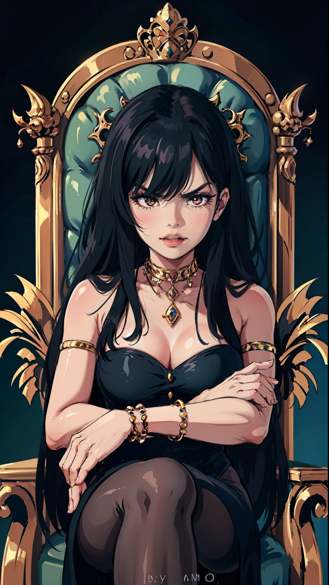 ((Best quality)), ((masterpiece)), (highly detailed:1.3),a woman black hair bangs covering her eyes, intimidating demon queen very angry, sitting on the throne dressed all black laughing bracelets pantyhose