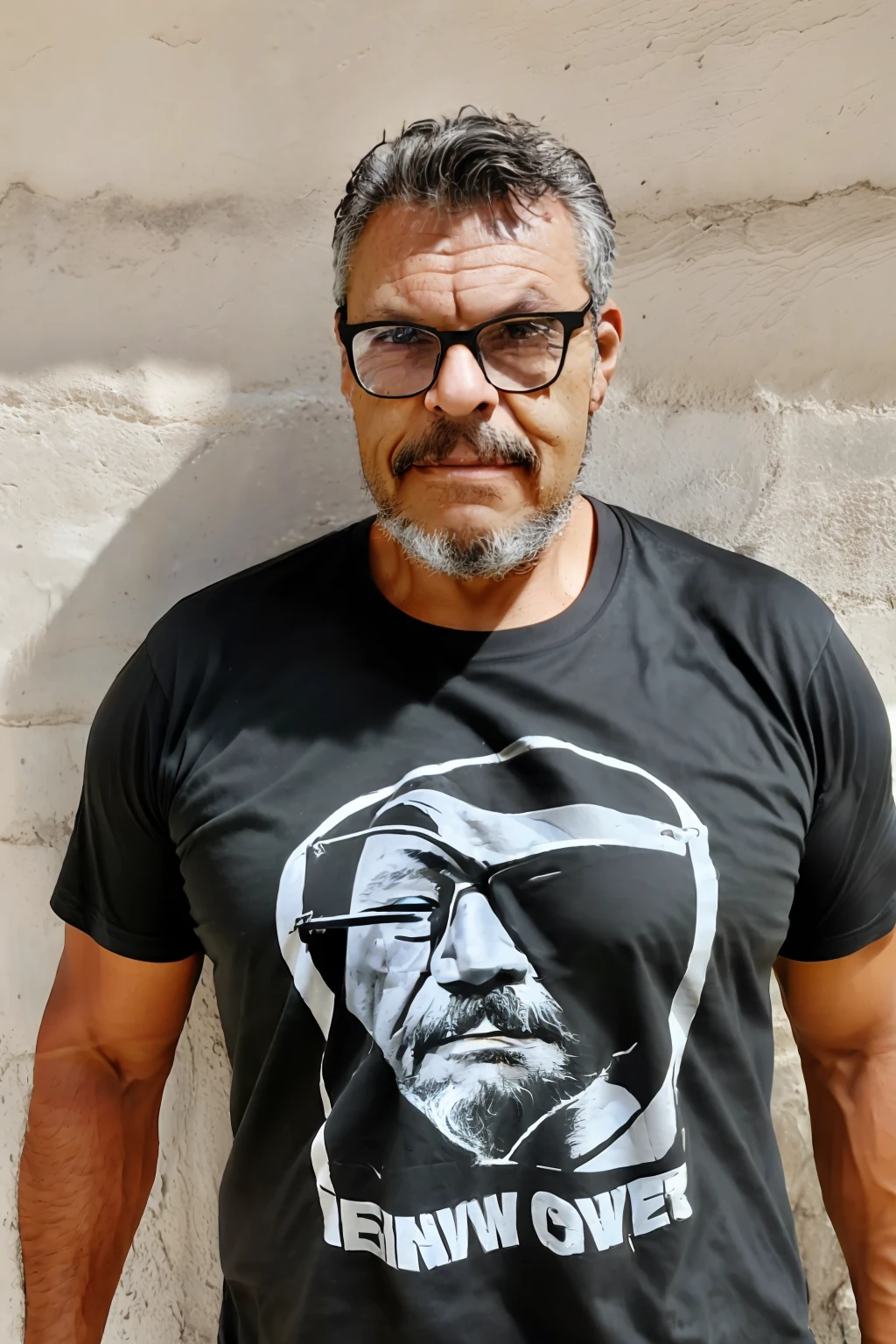 full frame, portrait, rustic, male model, brunette man, ((glasses)), ((black t-shirt)), tanned and wrinkled skin, gray hair, full gray beard, dark brown eyes, (skin texture), skin pores, shallow depth of field, sharp eye focus, backlit