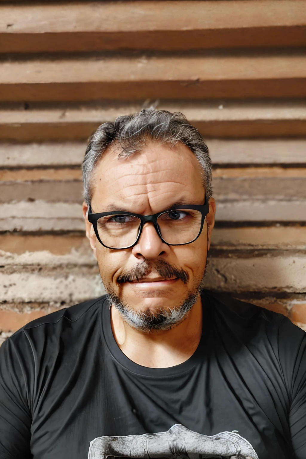 full frame, portrait, rustic, male model, brunette man, ((glasses)), ((black t-shirt)), tanned and wrinkled skin, gray hair, full gray beard, dark brown eyes, (skin texture), skin pores, shallow depth of field, sharp eye focus, backlit