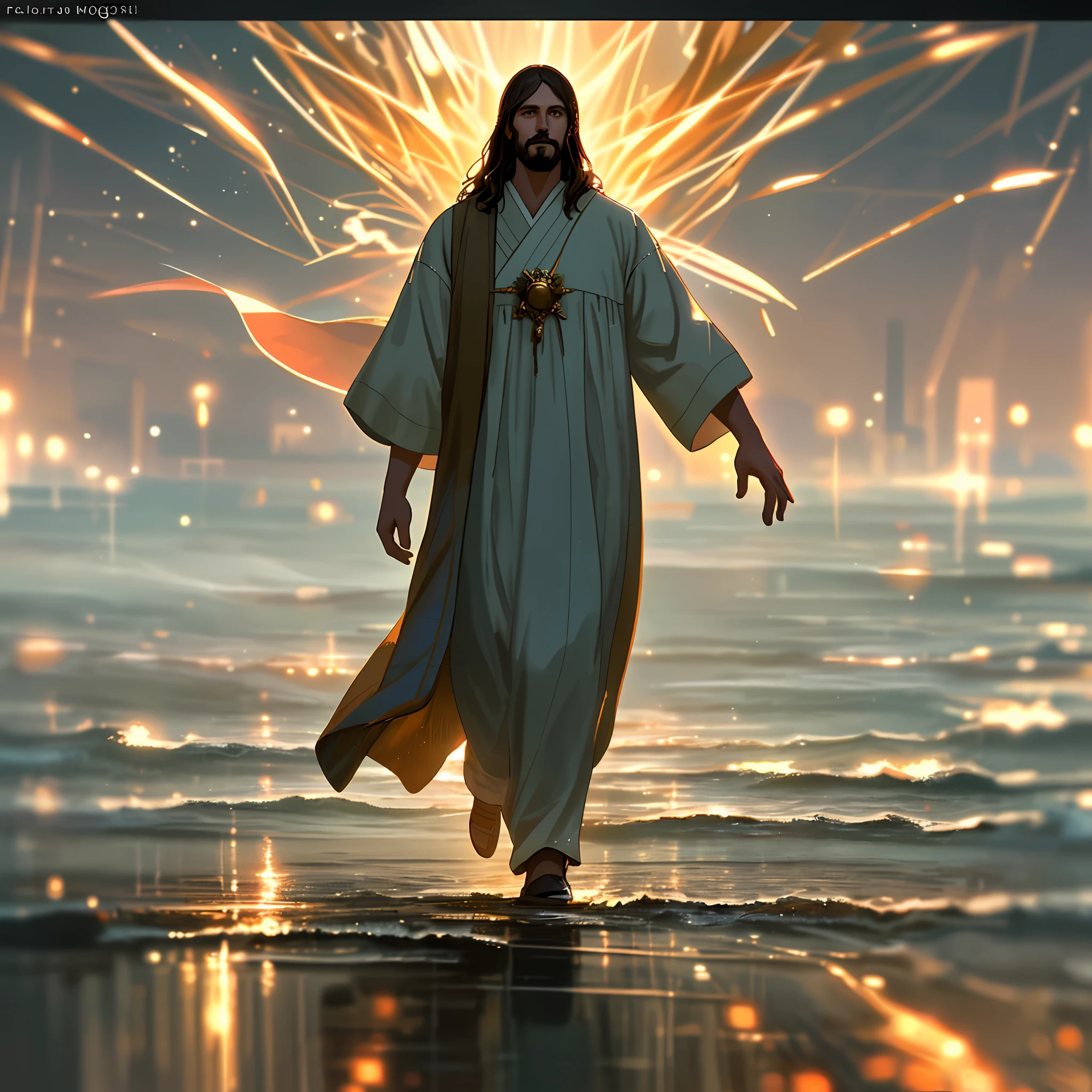 jesus walking on water in the middle of a storm, masterpiece, best quality, high quality, 8k unit wallpaper CG extremely detailed, award-winning photography, Bokeh, Depth of Field, HDR, bloom, chromatic aberration, photorealistic, extremely detailed, trend in artstation, trend in CGsociety, intricate, high detail, dramatic, art in the middle of the journey, cinematic lighting