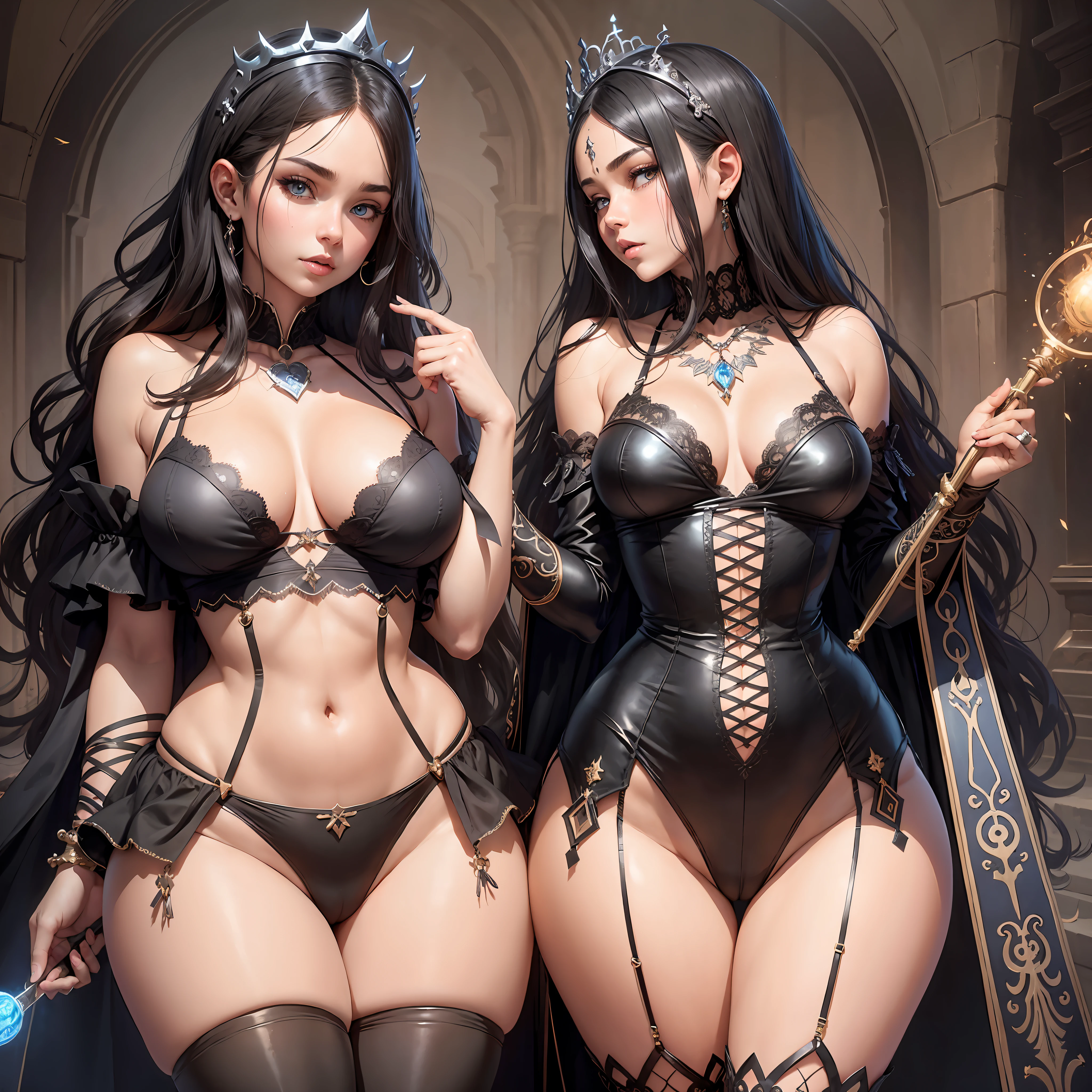 Two 18-year-old women, big ass, back, full body, full body image, wearing black boots, witch character, black hair, hair larger than the character's body, blue eyes, symmetrical and detailed perfect face, thin waist, wide and rounded hips, bust accompanying hip size, thick thighs, wearing a delicate princess crown, lace bra with intricate details, lace panties with intricate details, black boot, holding a magic stick and a magic book,
