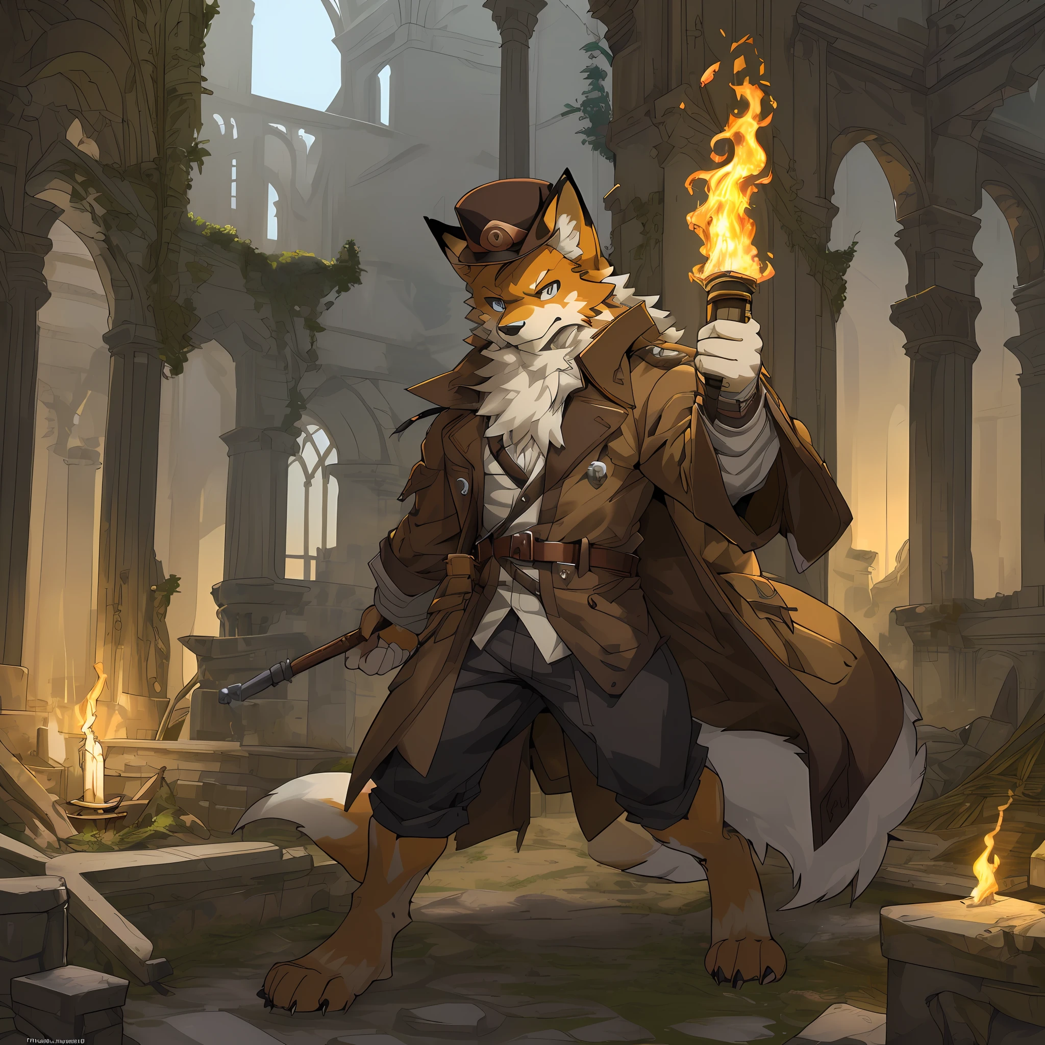 top quality, best quality, masterpiece, super high resolution, detailed background, Old Ruins, Dungeons(highly detailed beautiful face and eyes)absurdres, perfect anatomy(handsome 1boy, kemono, solo focus, labo coat)(furry)(furry anthro:1.7)(Furry body, fox facial features, fox body features)(very detailed body fur)full body, Dirty Coat and Hat, holding Torch,